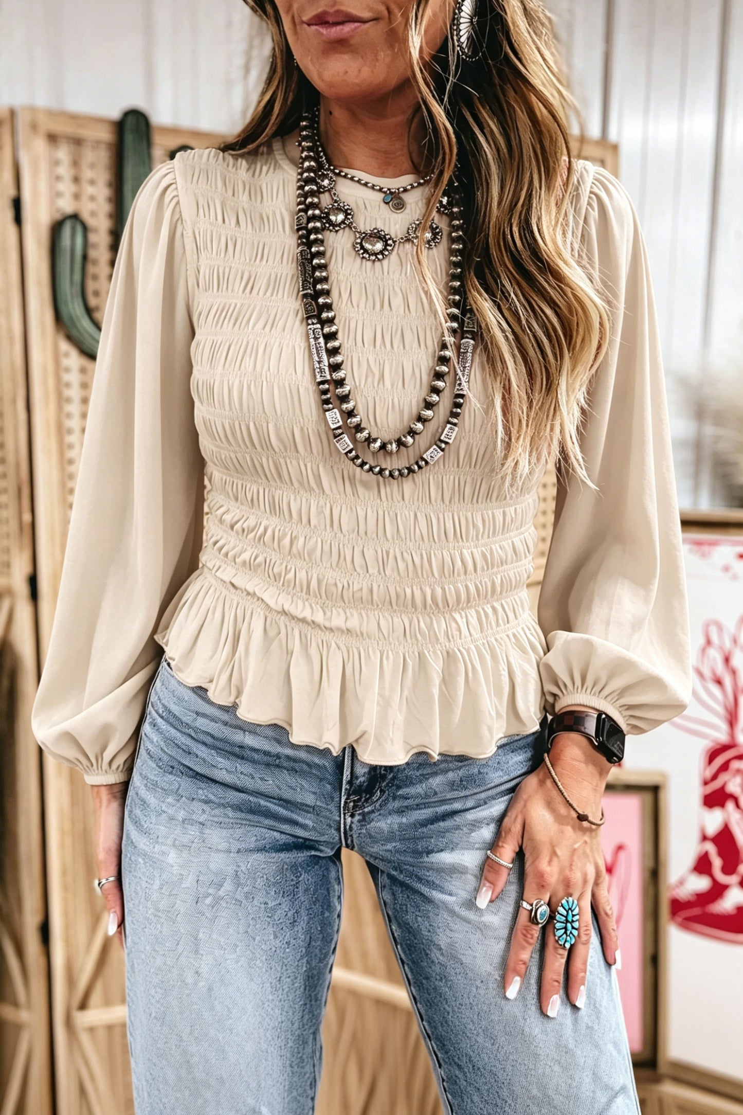Smocked Ruffle Hem Long Sleeve Blouse
