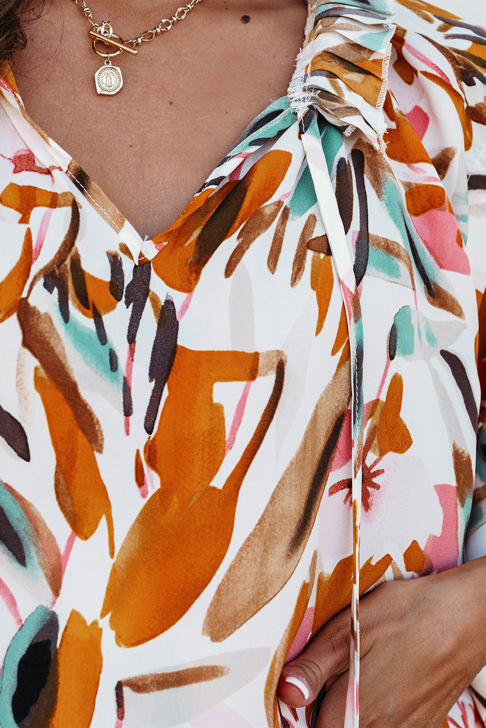 Abstract Print Drawstring Frilled V Neck 3/4 Sleeve Blouse