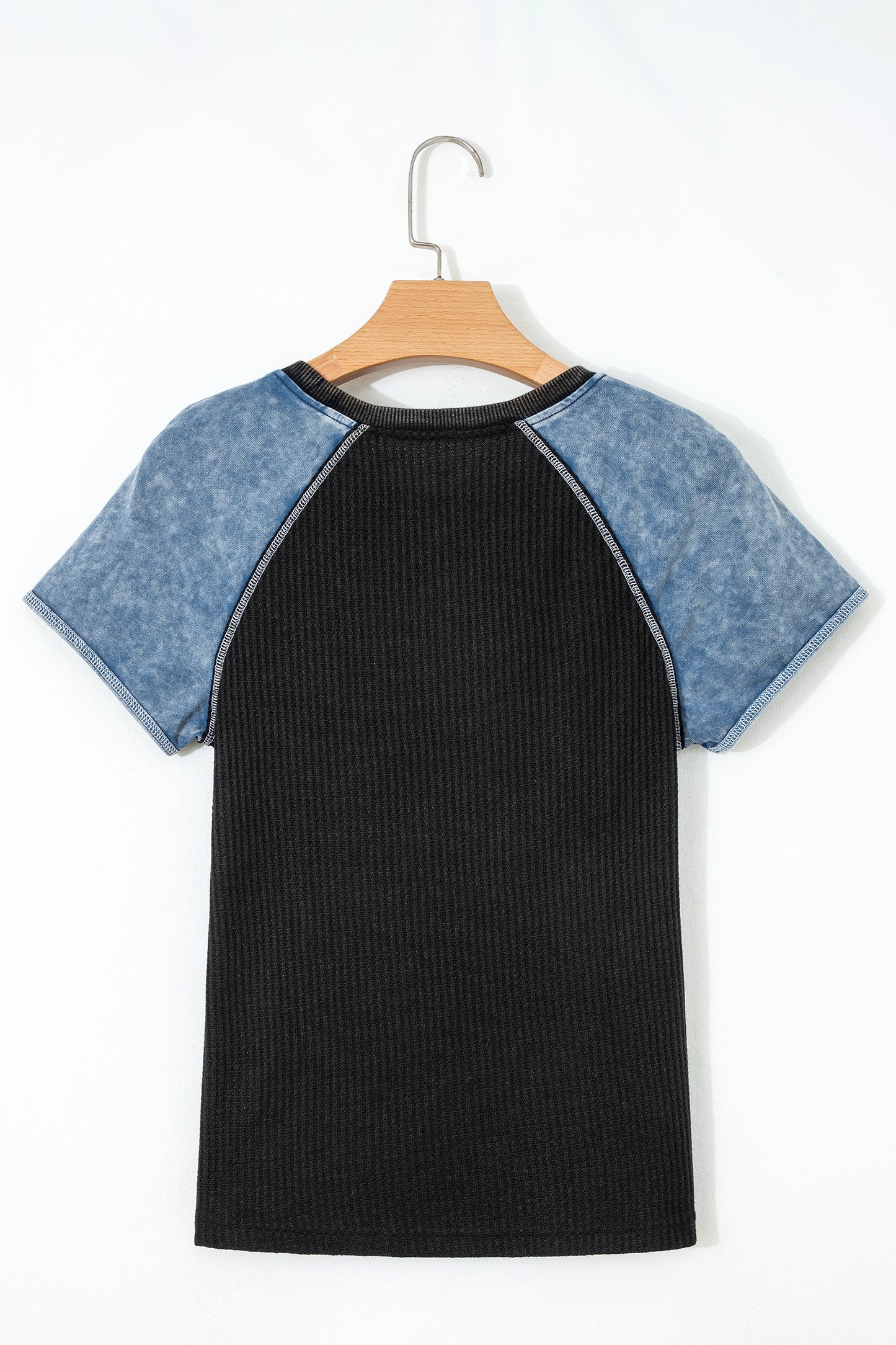 Waffle Knit Seam Detail Color Block Patchwork Short Sleeve Top