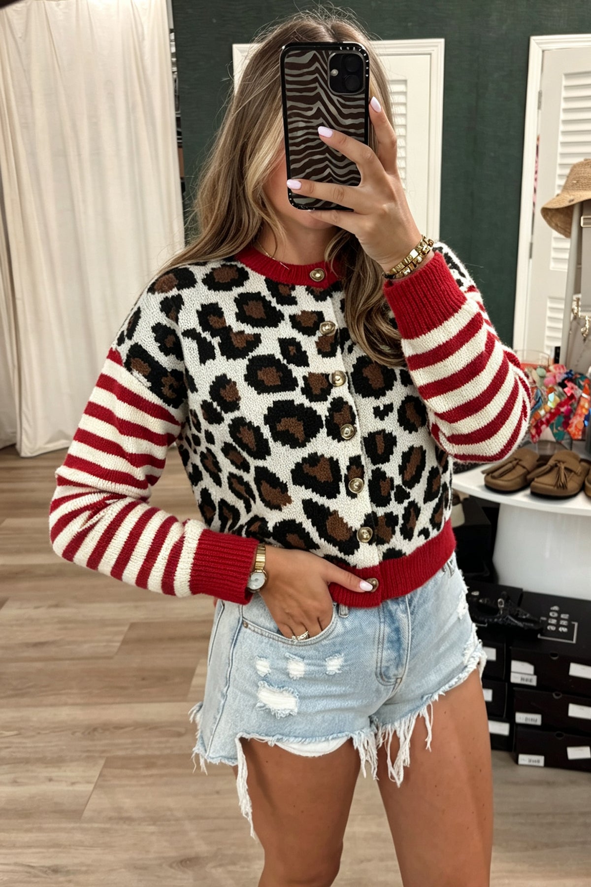 White Leopard Print with Striped Sleeves Cardigan