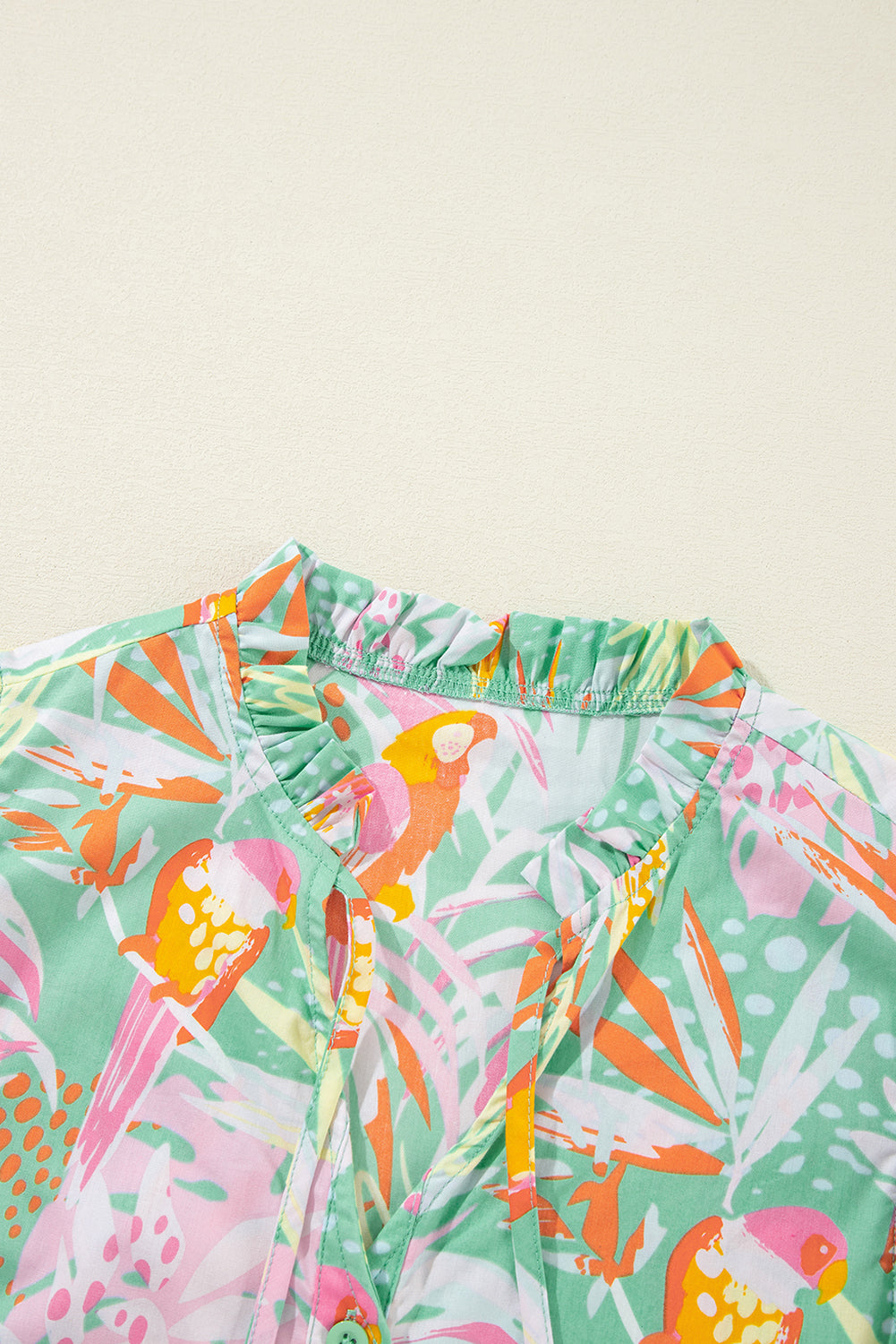 Abstract Floral Ruffle Trim Flutter Sleeve Buttoned Dress