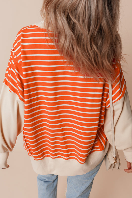 Orange Stripe Color Block Loose Fit Sweatshirt