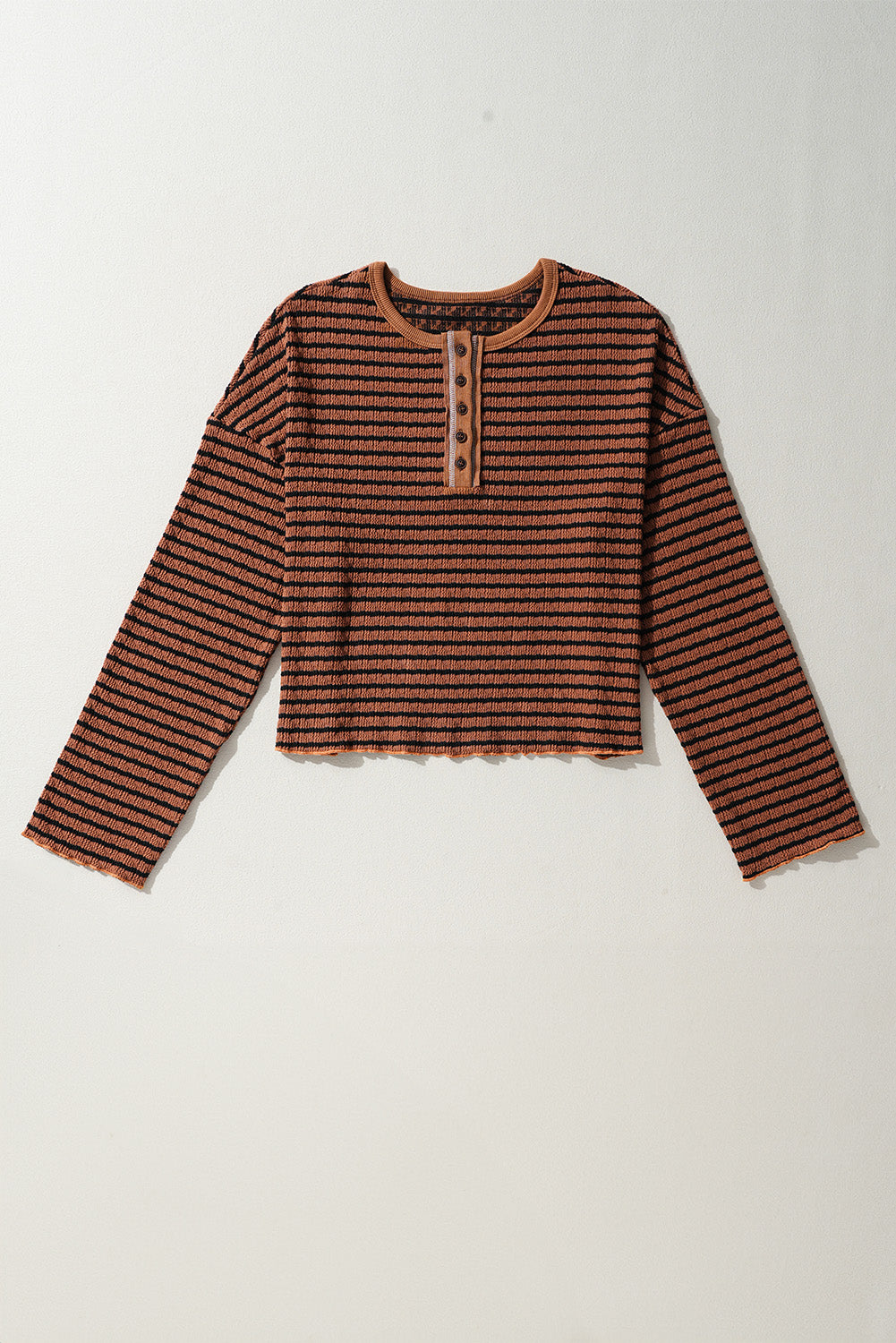 Textured Frilly Trim Buttons Henley Long Sleeve Top