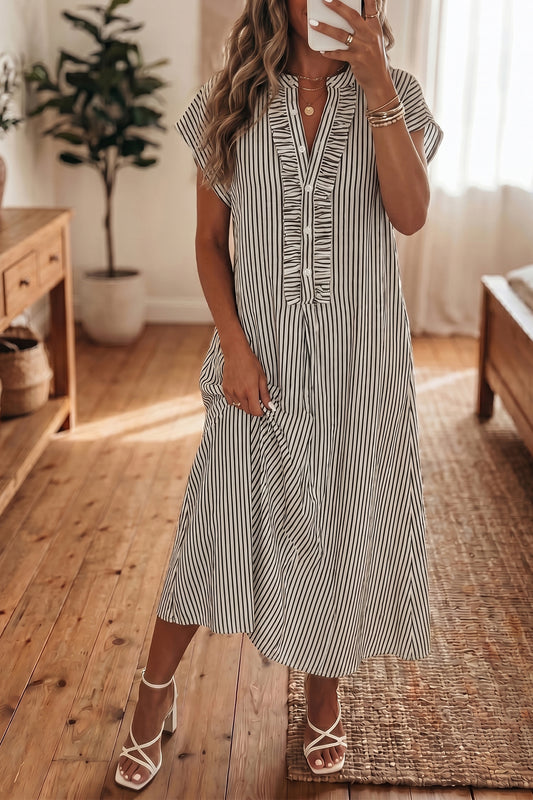 Stripe Frilled Short Sleeve Maxi Dress