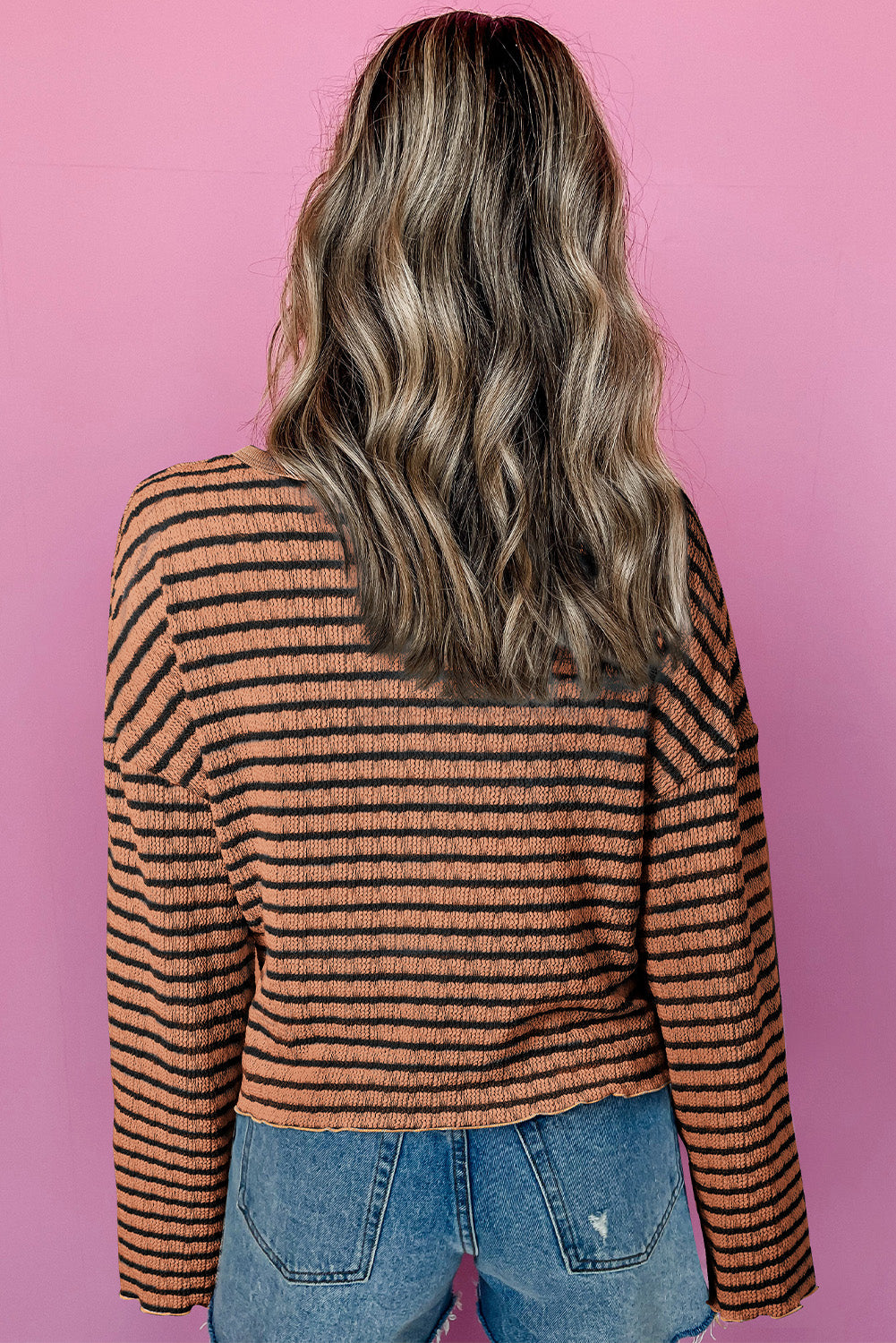 Textured Frilly Trim Buttons Henley Long Sleeve Top