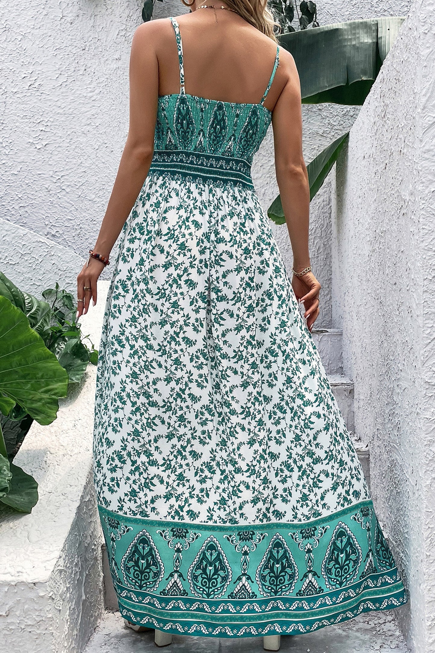 Green Boho Floral Print Maxi Dress