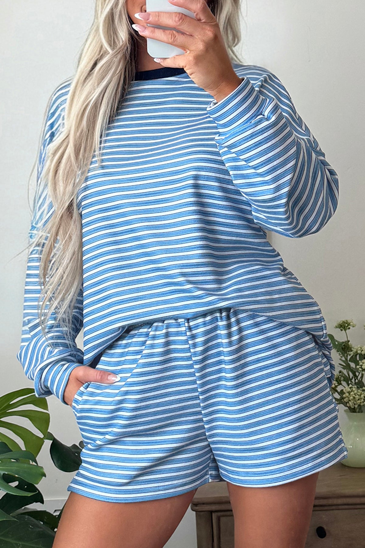 Stripe Long Sleeve Oversized Top & Shorts Set