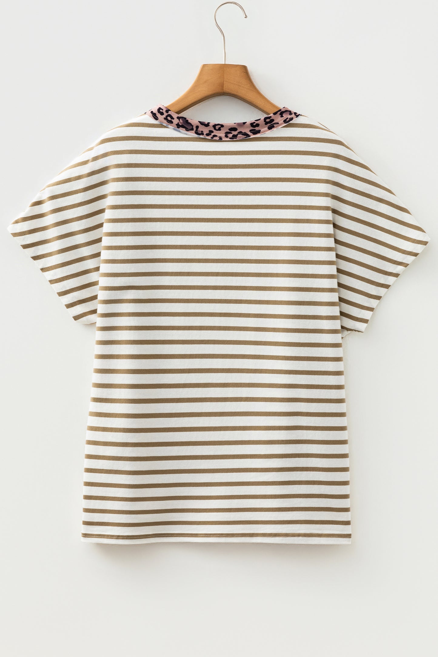 Stripe Leopard Patchwork Round Neck Loose T Shirt