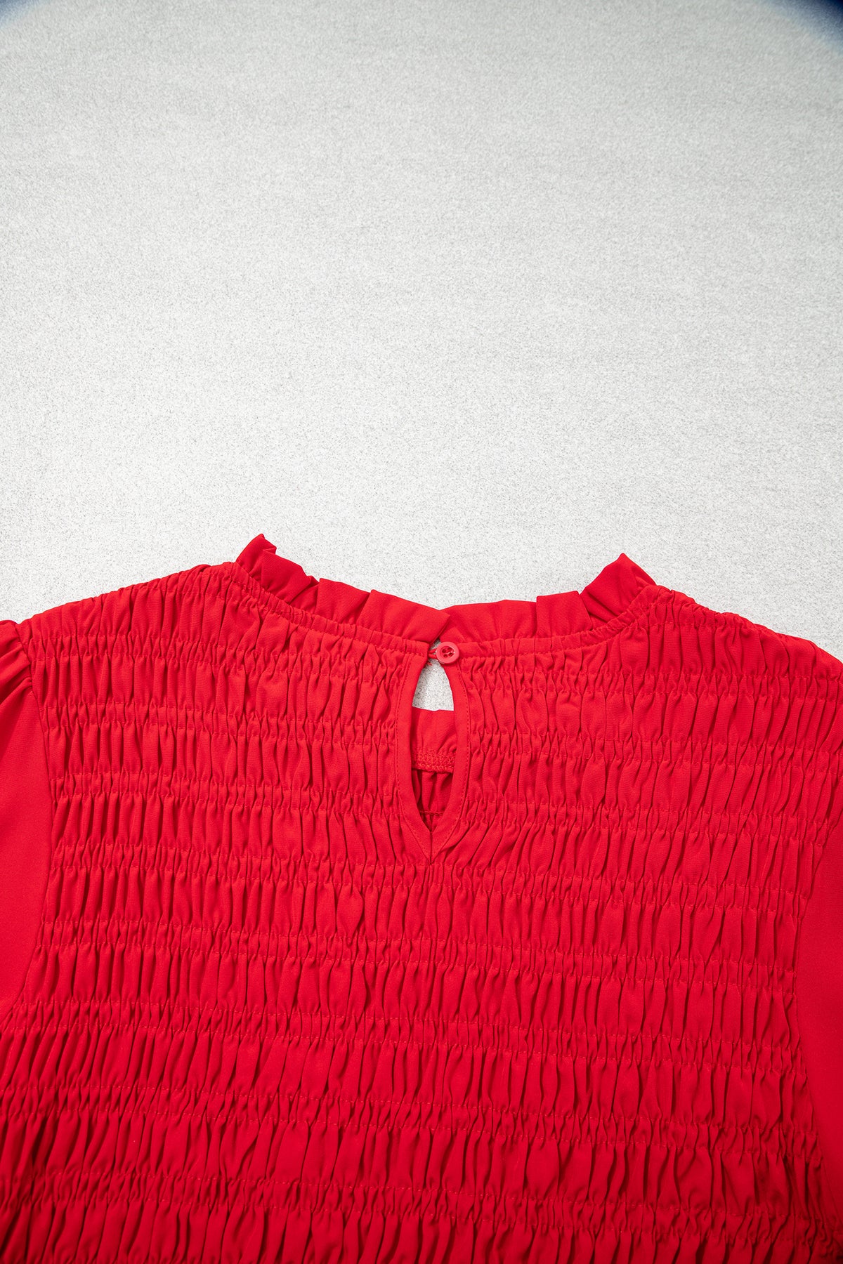 Smocked Ruffle Hem Long Sleeve Blouse