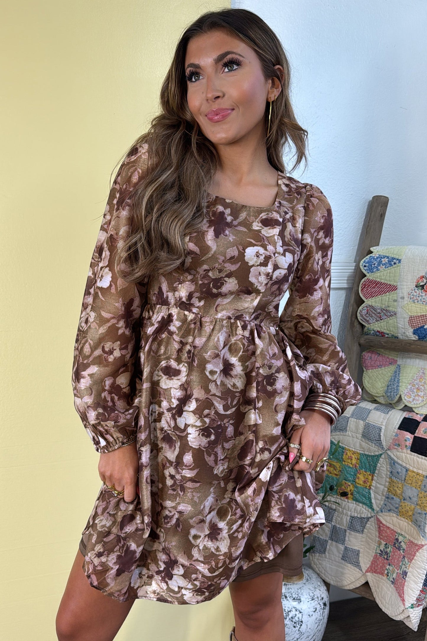 Brown Floral Print Mini Shift Dress
