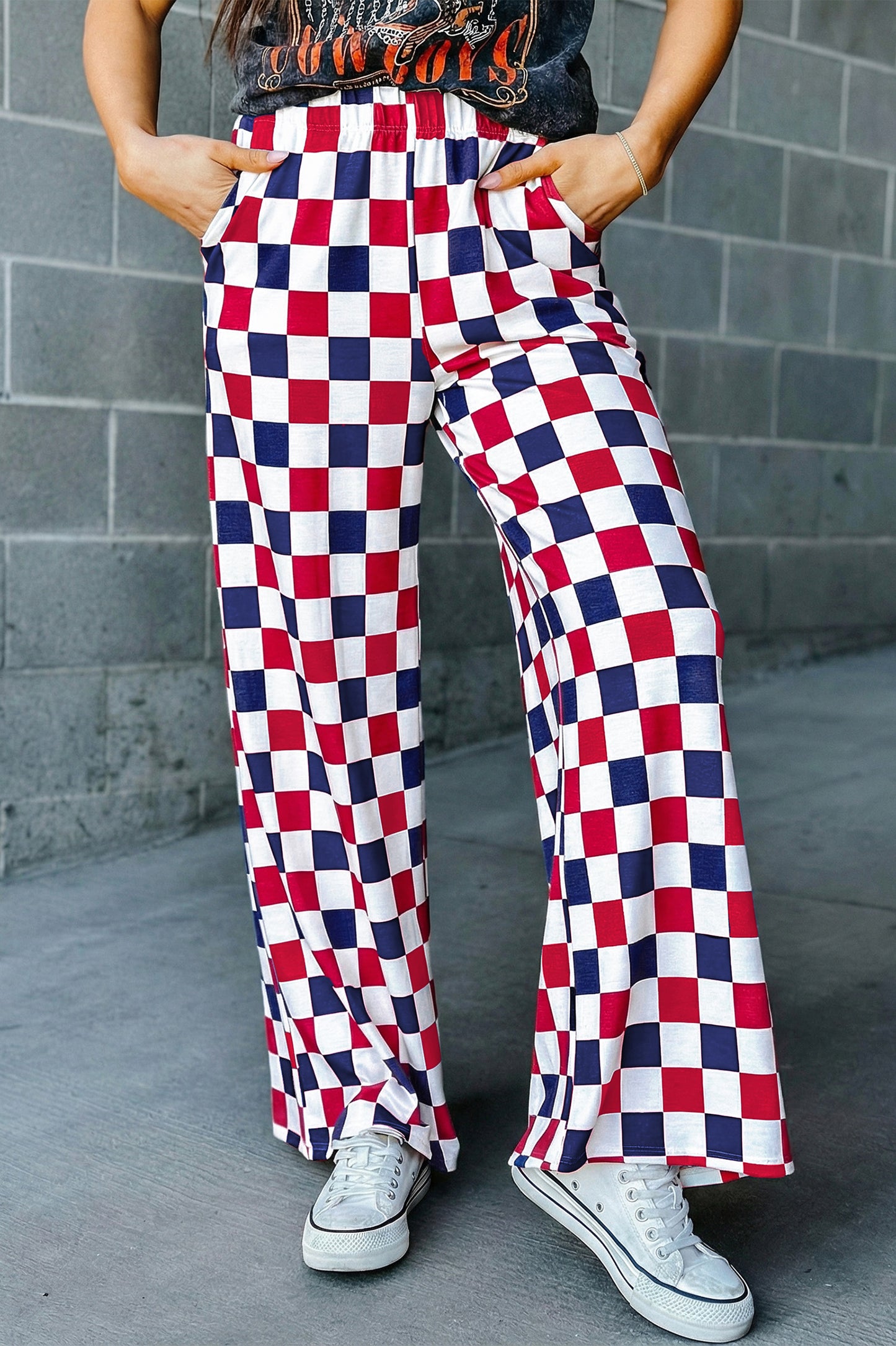 Checked Print High Waist Wide Leg Pants
