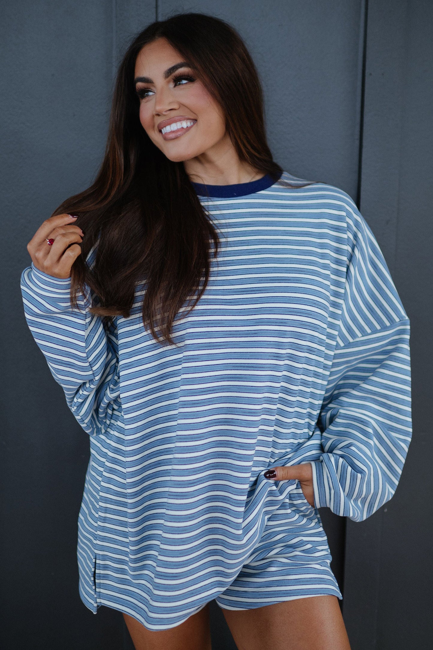 Stripe Long Sleeve Oversized Top & Shorts Set