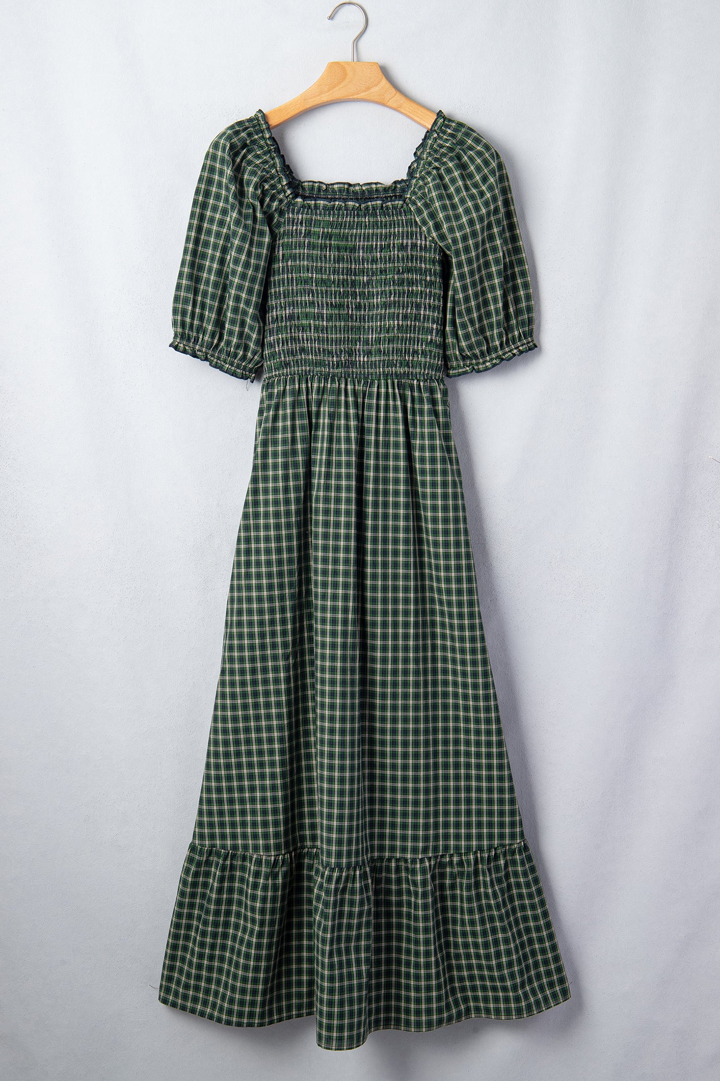 Green Plaid Square Neck Dress