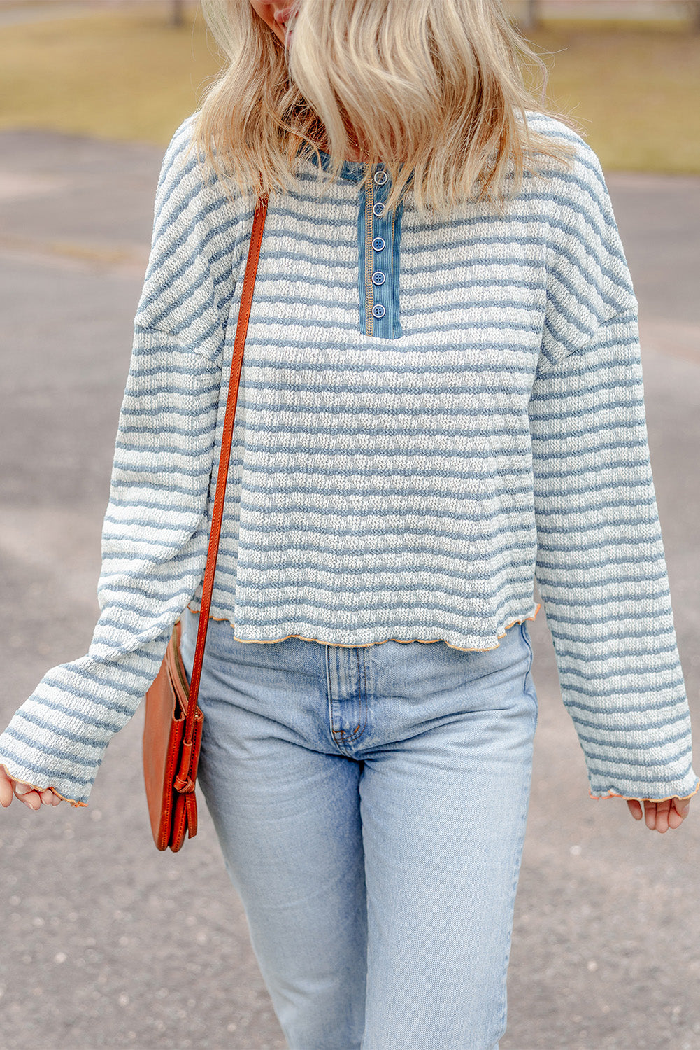 Textured Frilly Trim Buttons Henley Long Sleeve Top