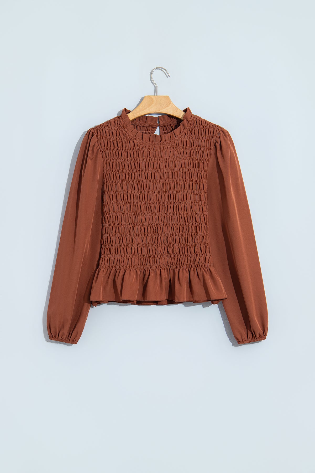 Smocked Ruffle Hem Long Sleeve Blouse