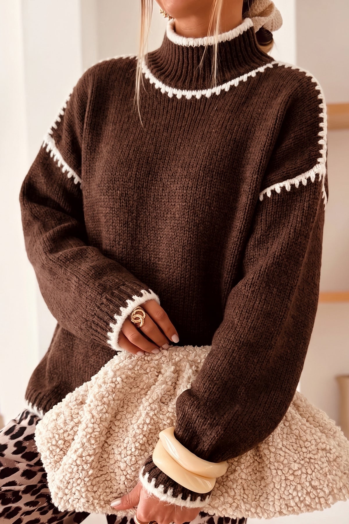 Contrast Trim Mock Neck Sweater