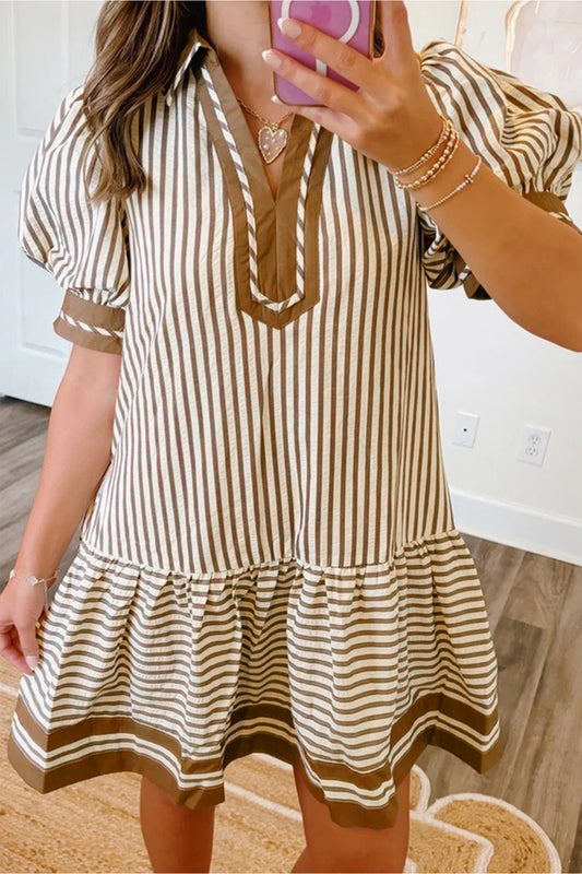 Brown Stripe Shirt Collar Short Dress