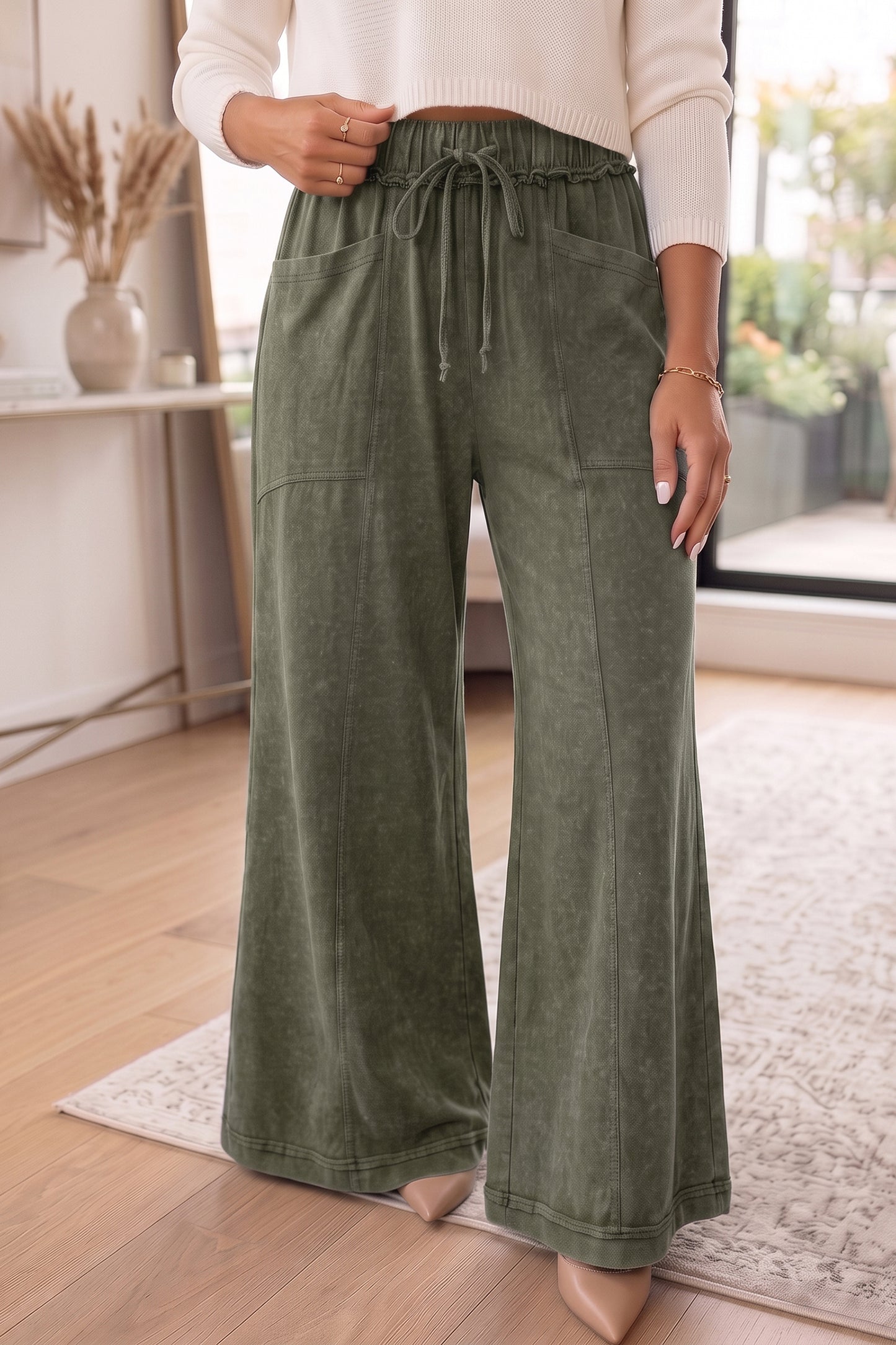 Green Mineral Wash Flare Pants