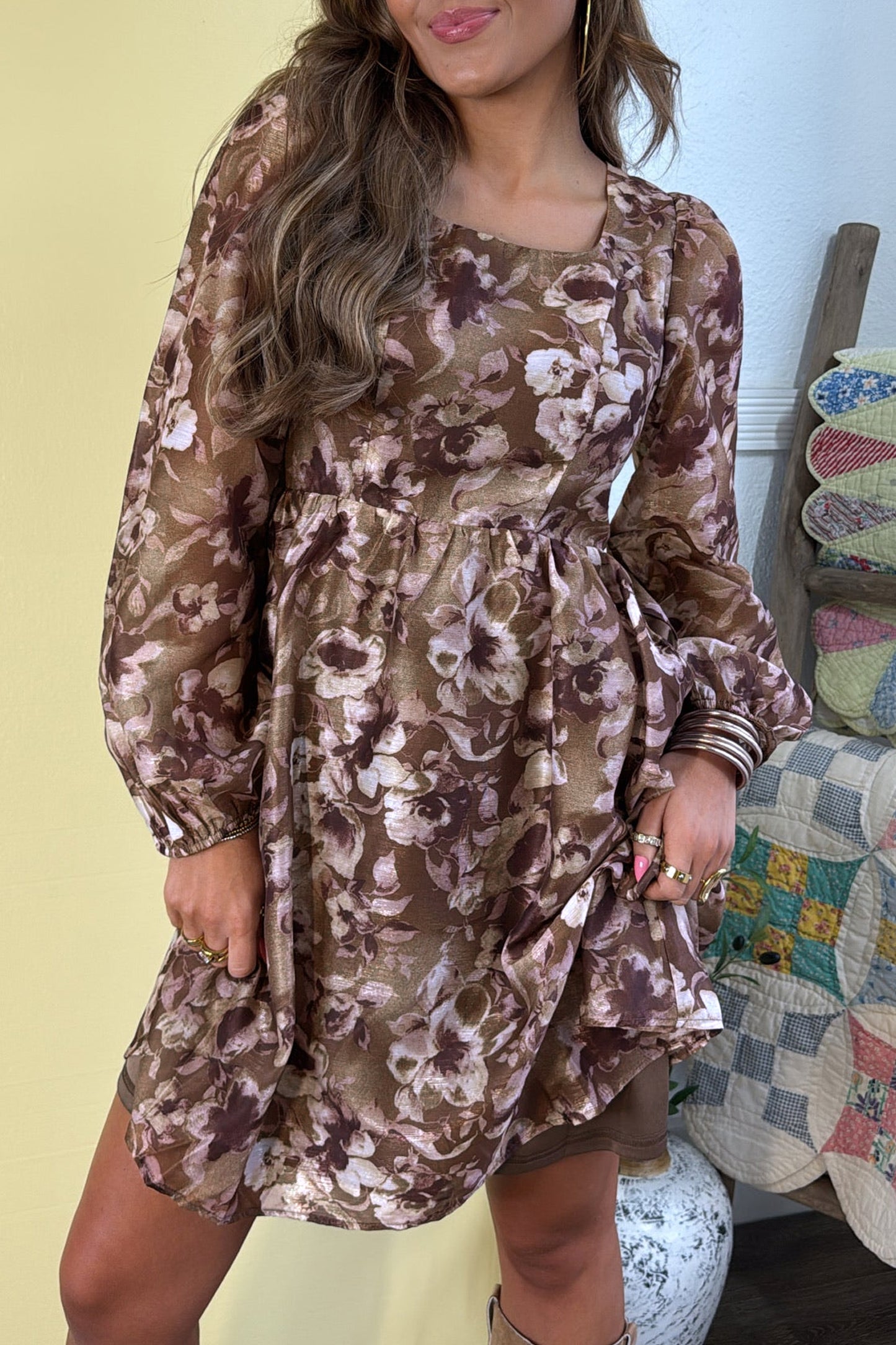 Brown Floral Print Mini Shift Dress