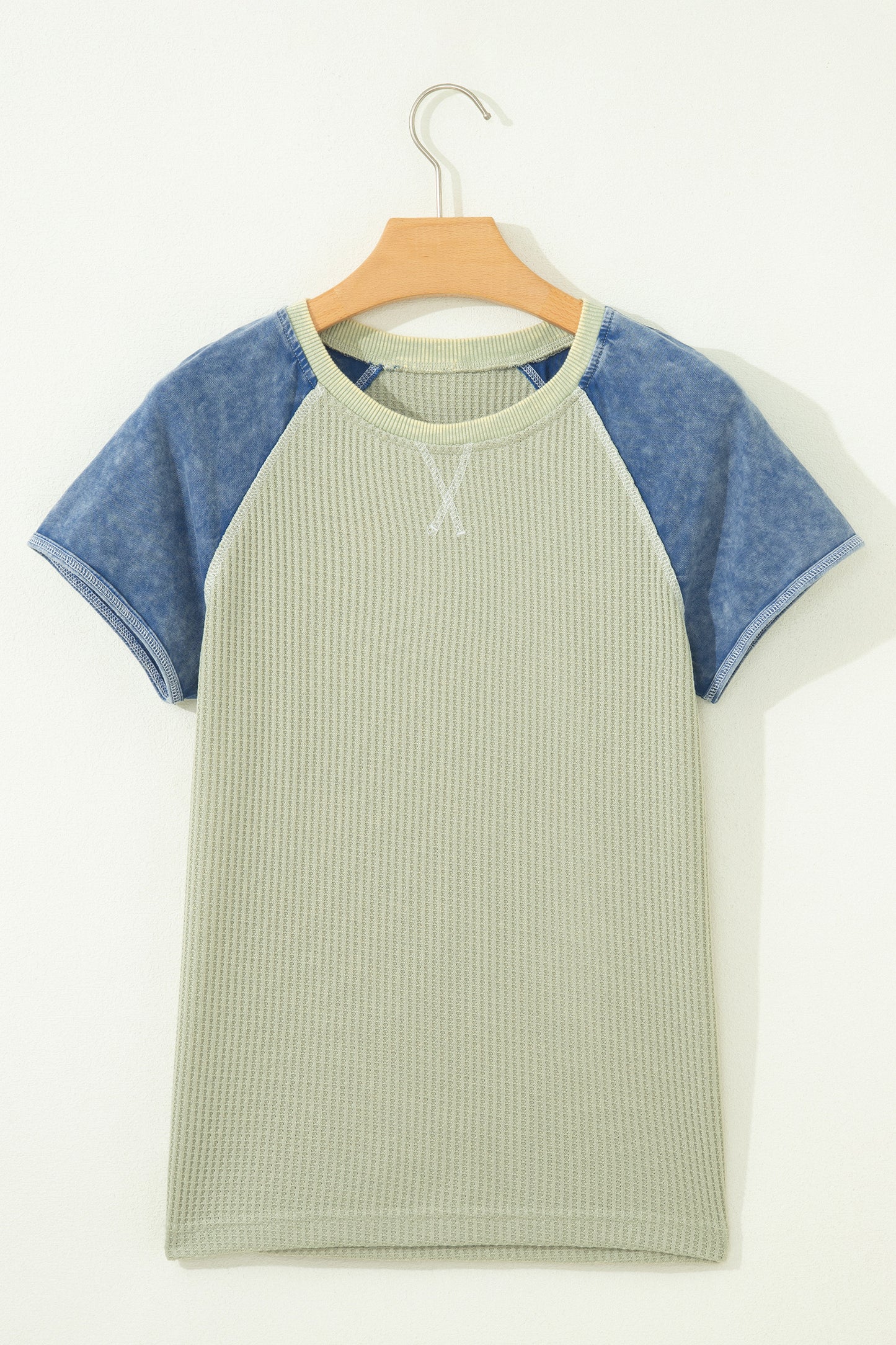 Waffle Knit Seam Detail Color Block Patchwork Short Sleeve Top