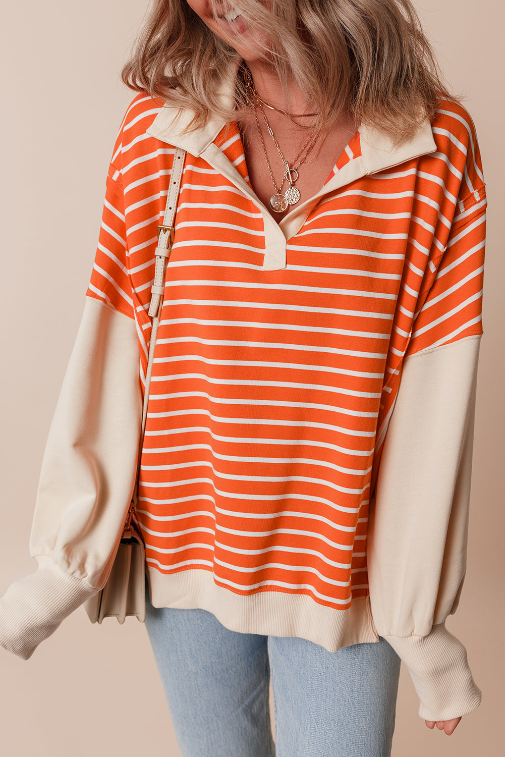 Orange Stripe Color Block Loose Fit Sweatshirt
