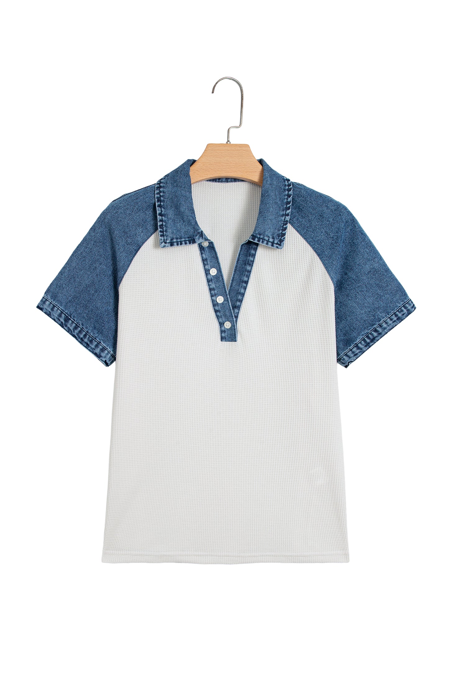 White Textured Color Block Denim Patchwork Polo Collar Tee