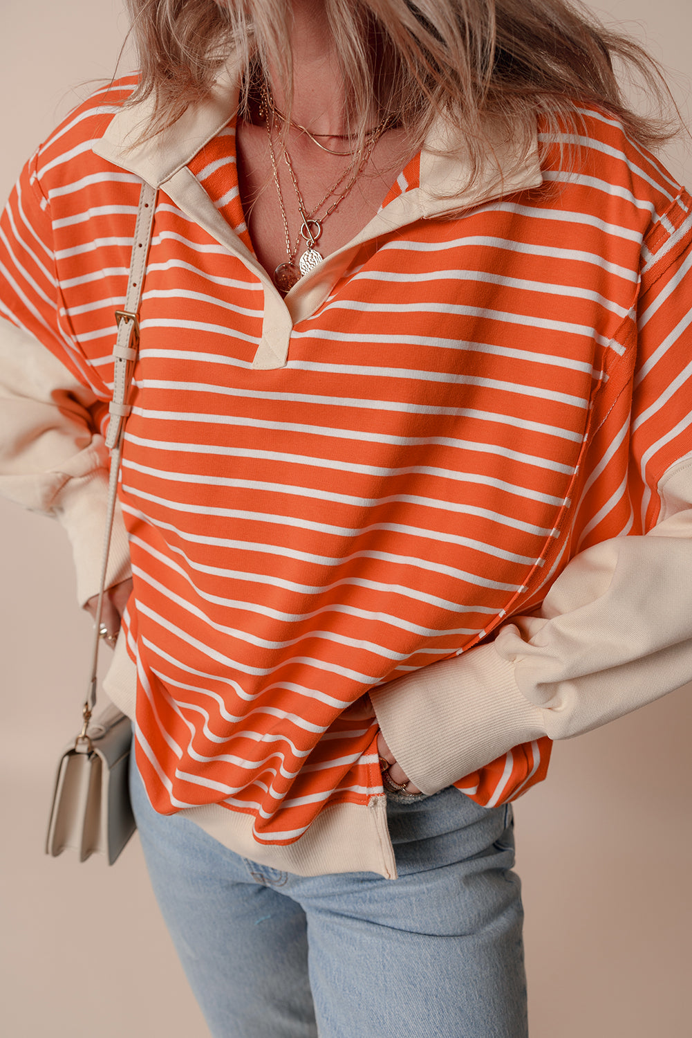 Orange Stripe Color Block Loose Fit Sweatshirt