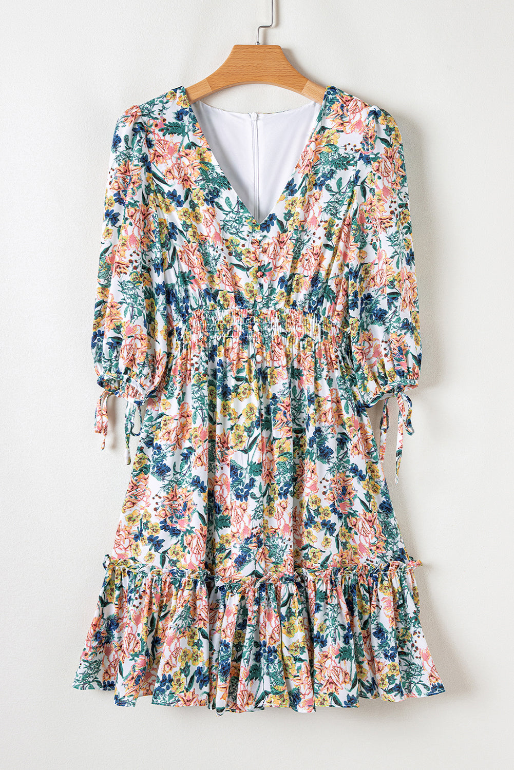 Floral V Neck High Waist Ruffled Dress