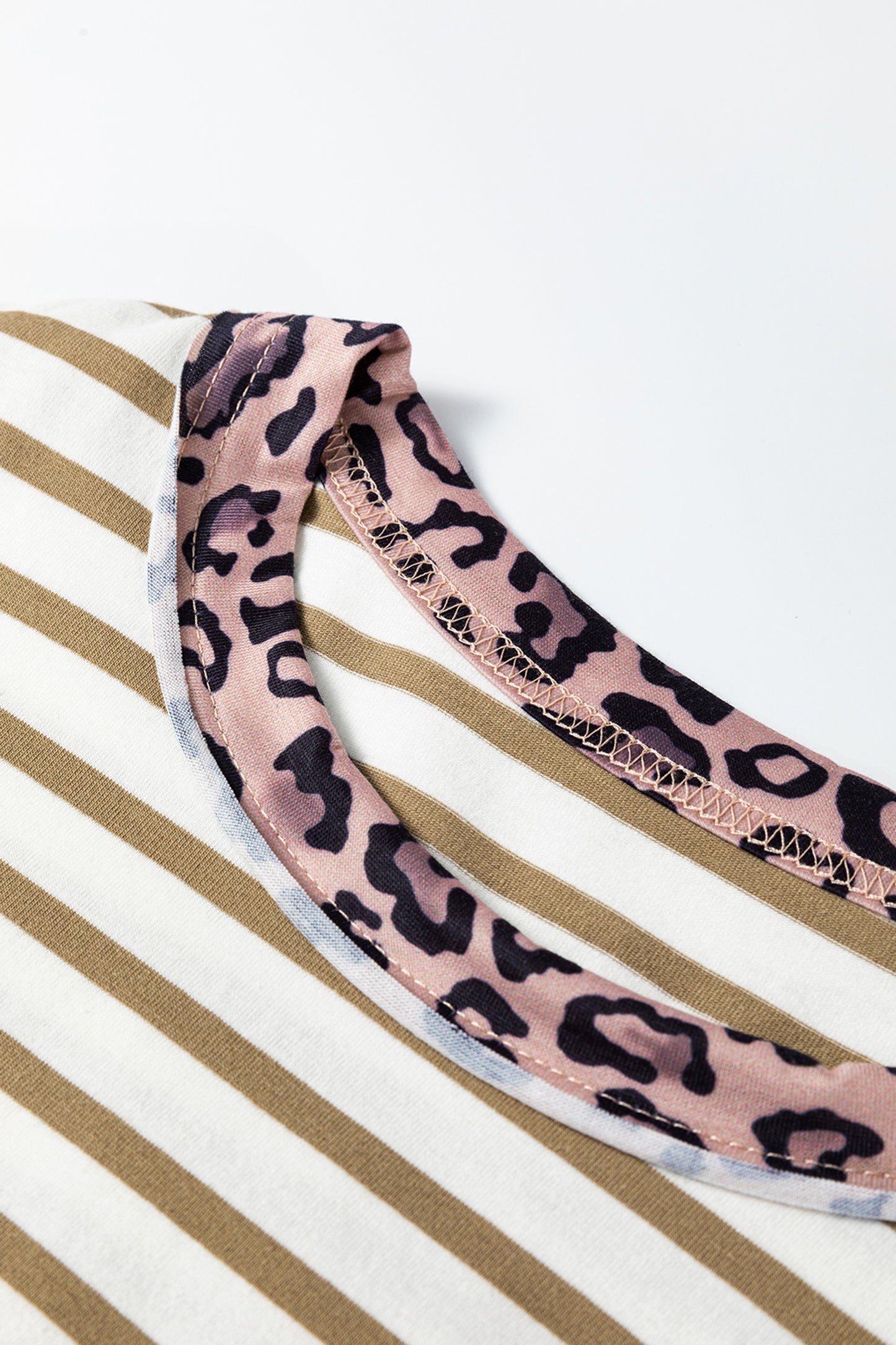 Stripe Leopard Patchwork Round Neck Loose T Shirt