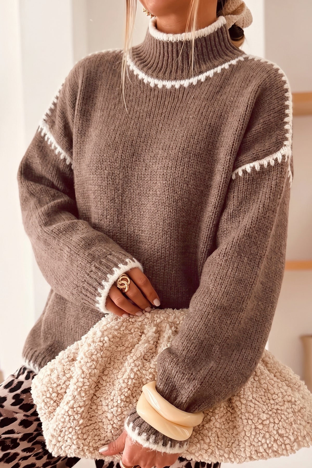 Contrast Trim Mock Neck Sweater