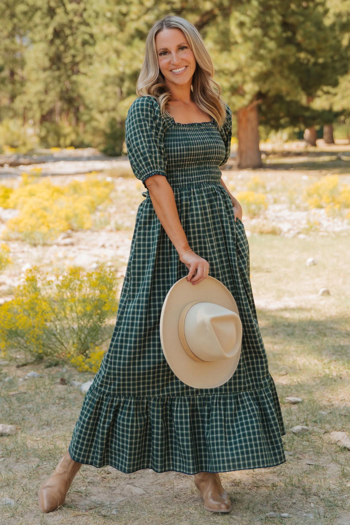 Green Plaid Square Neck Dress