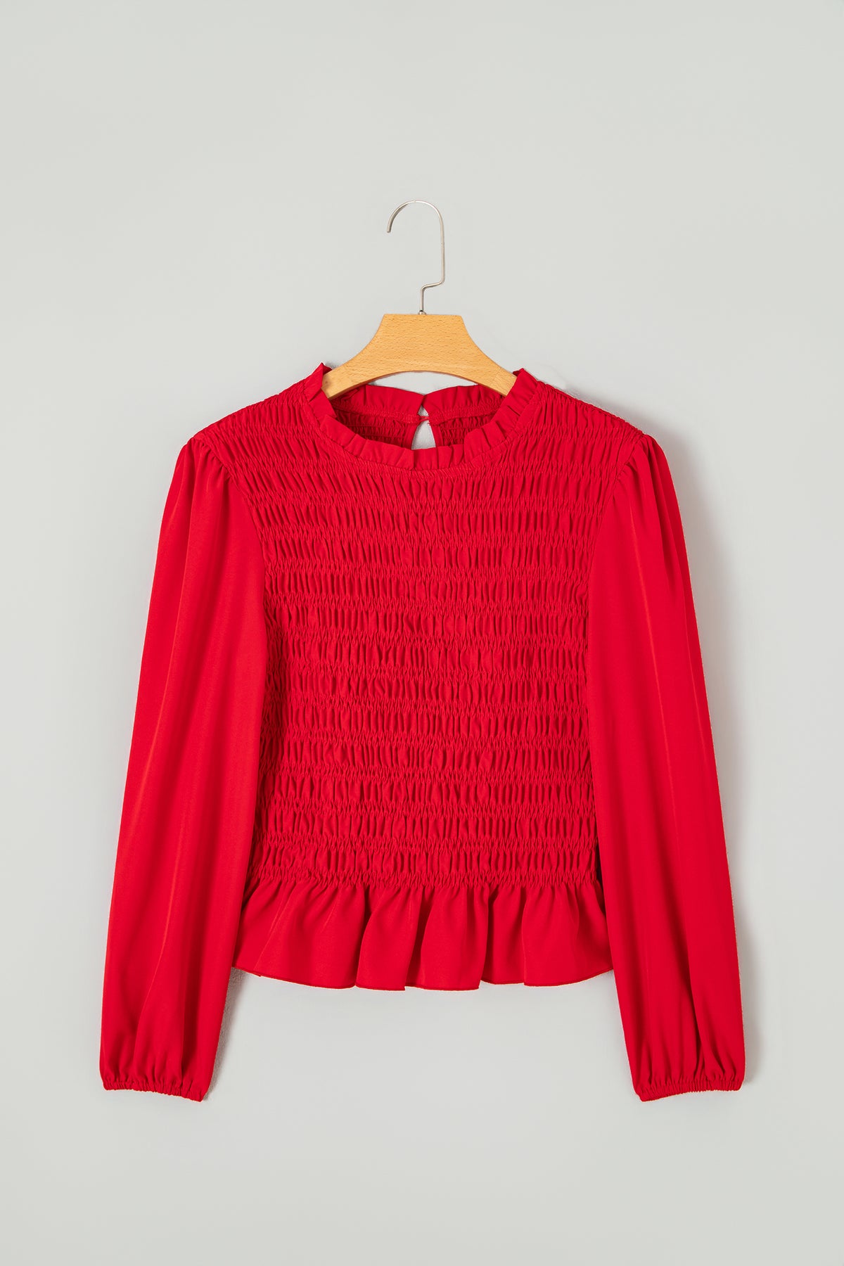 Smocked Ruffle Hem Long Sleeve Blouse