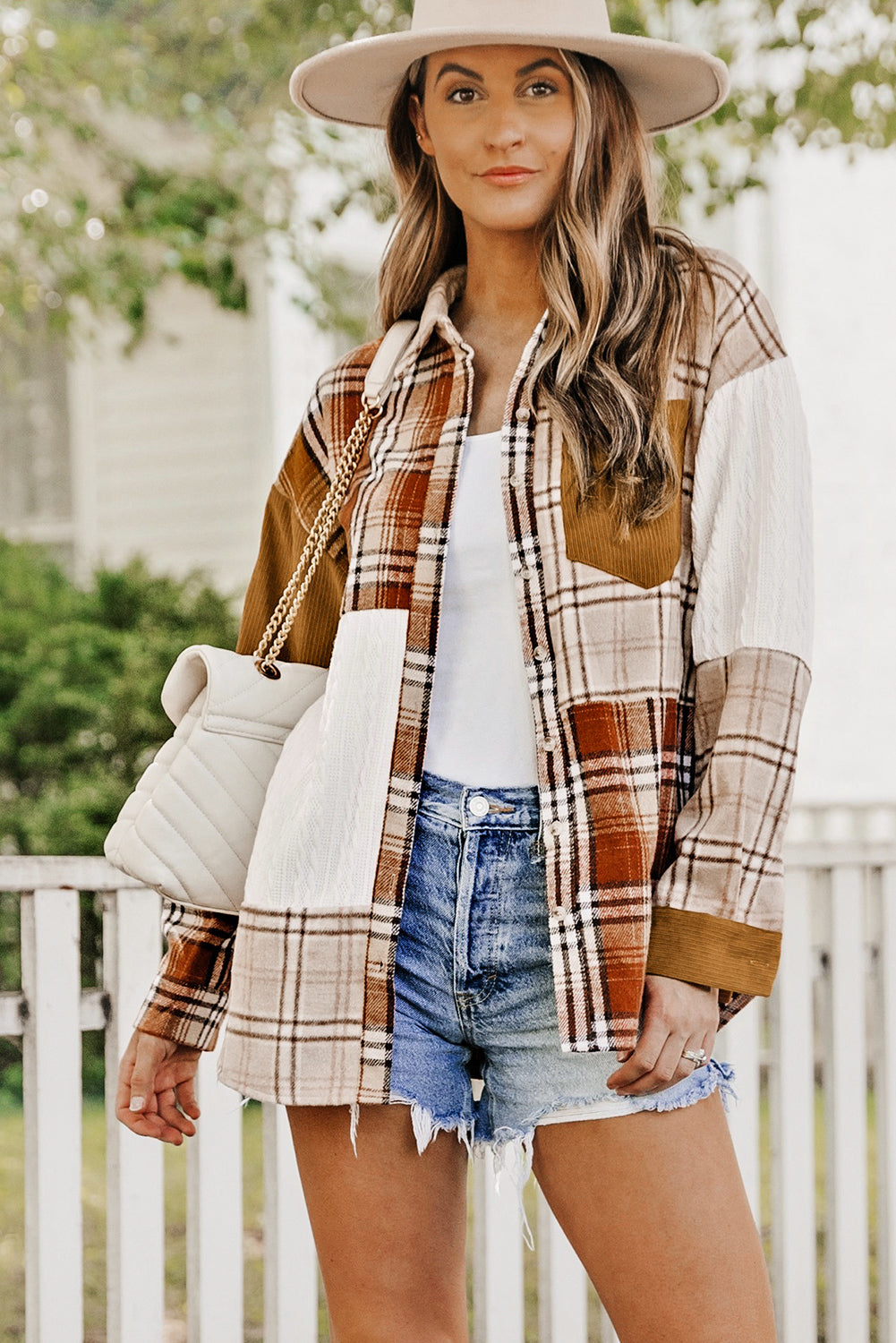 Orange Plaid Color Block Patchwork Shirt