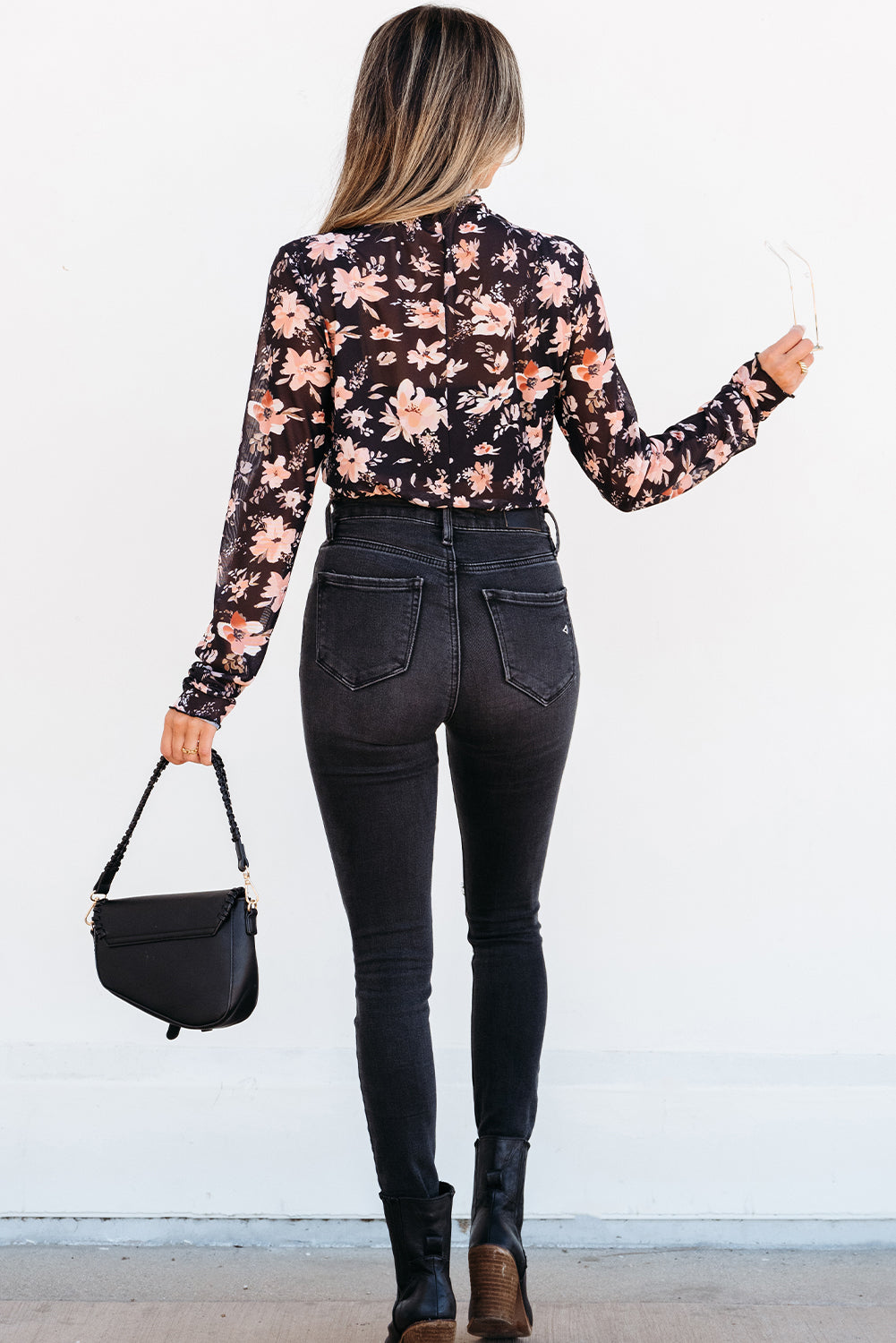 Black Floral Mesh Mock Neck Long Sleeve