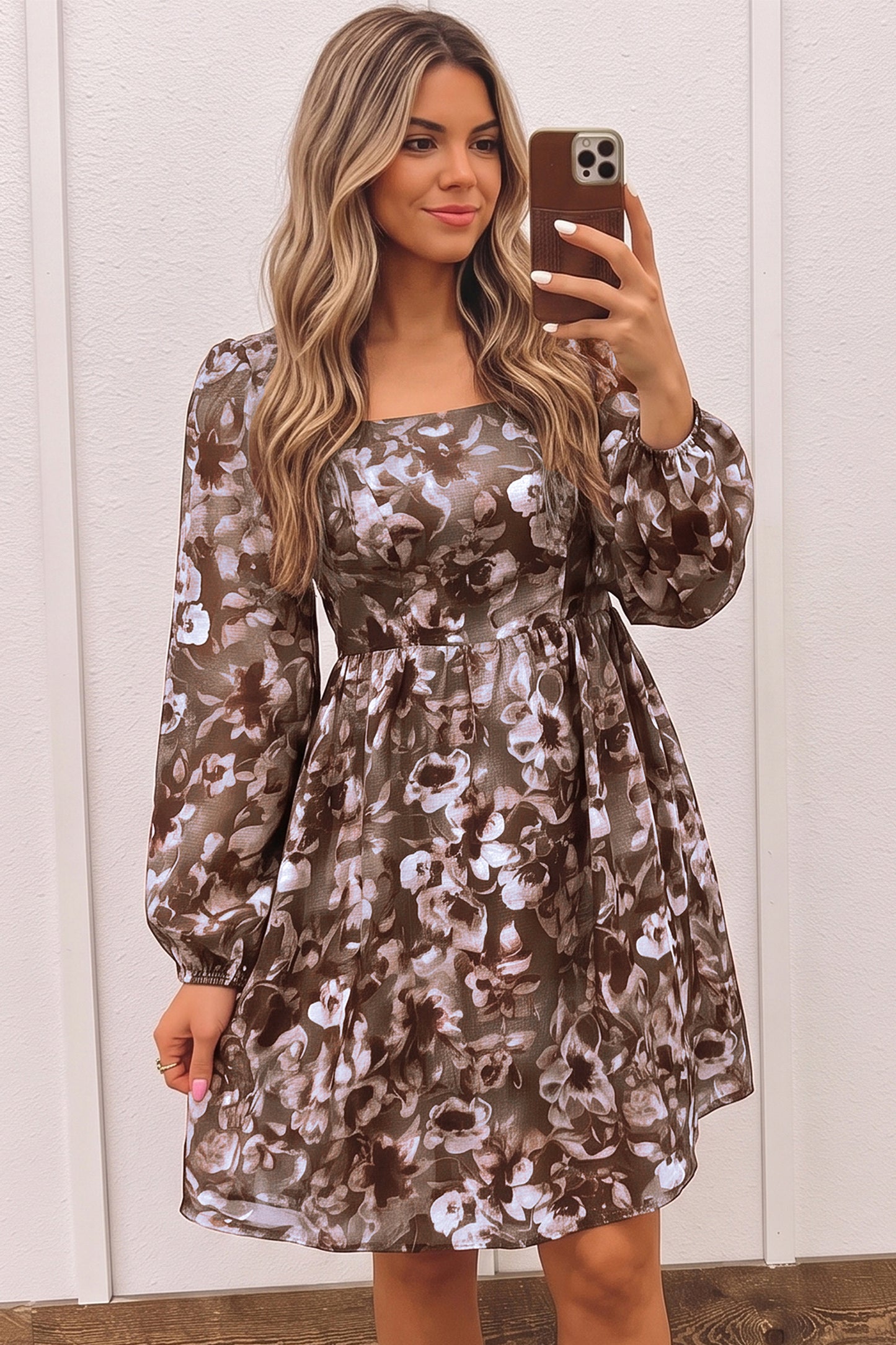 Brown Floral Print Mini Shift Dress