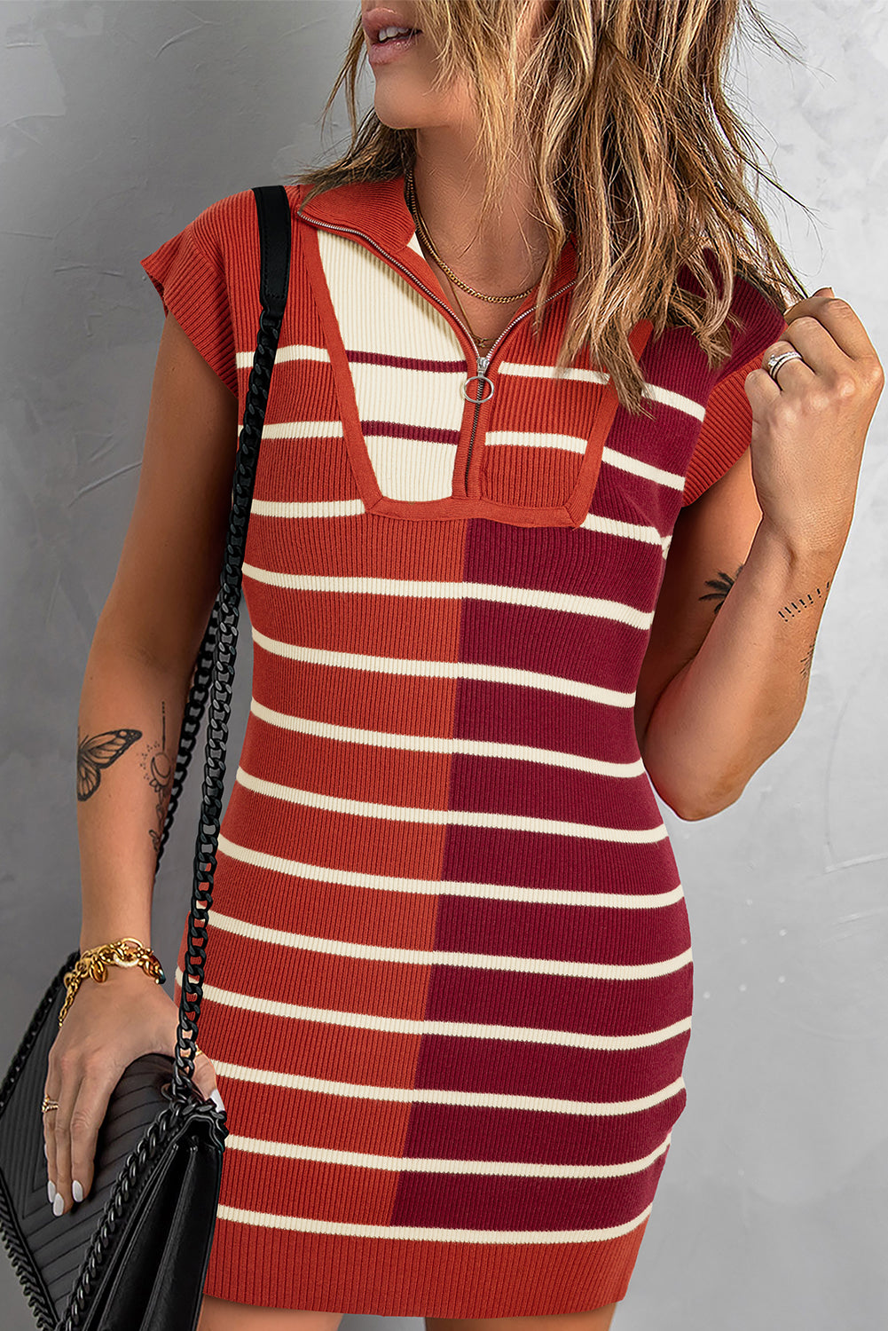 Color Block Quarter Zip Collar Short Sleeve Sweater Dress