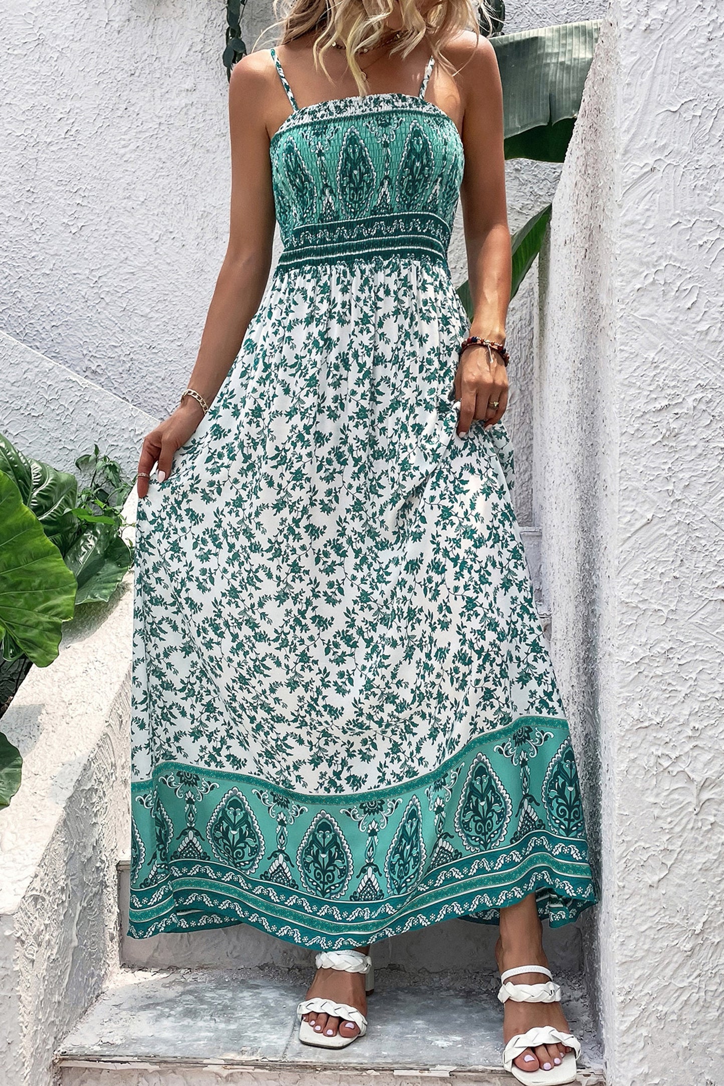 Green Boho Floral Print Maxi Dress