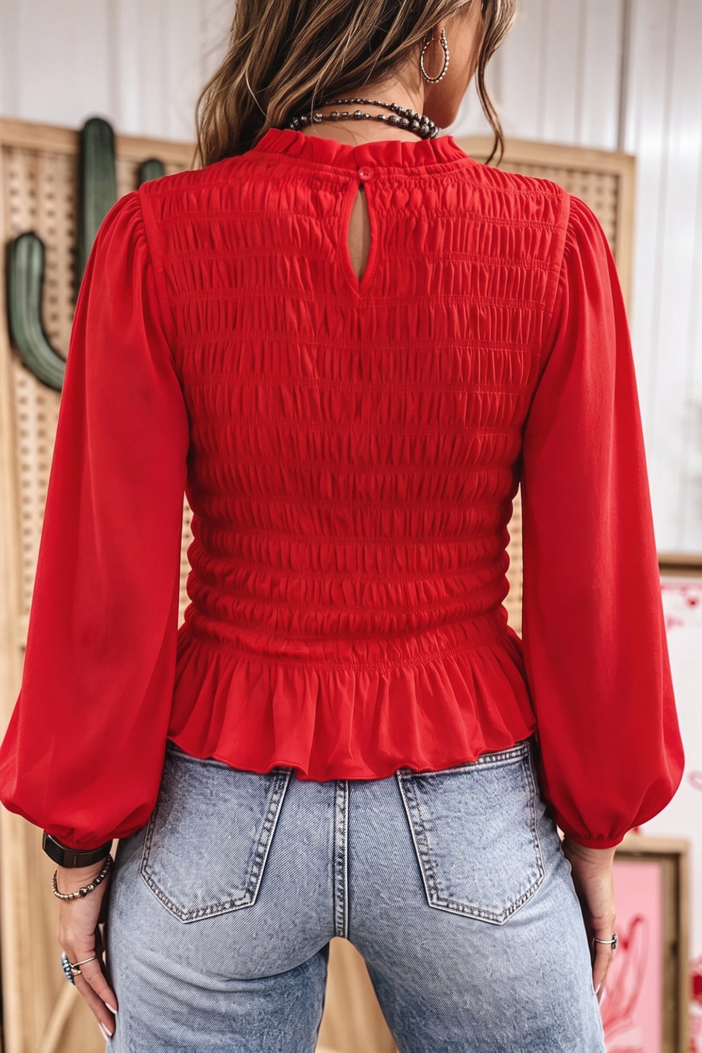Smocked Ruffle Hem Long Sleeve Blouse