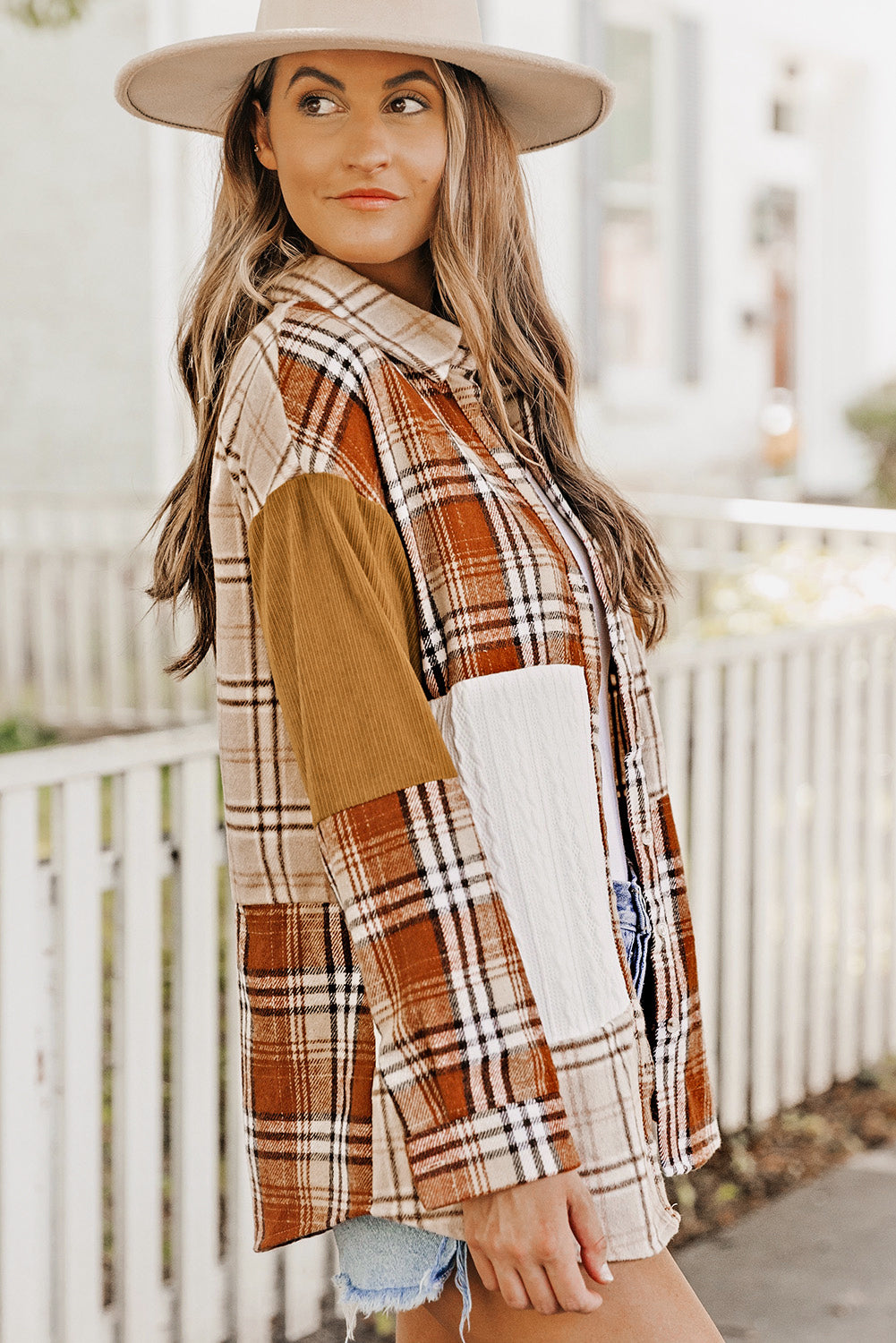 Orange Plaid Color Block Patchwork Shirt
