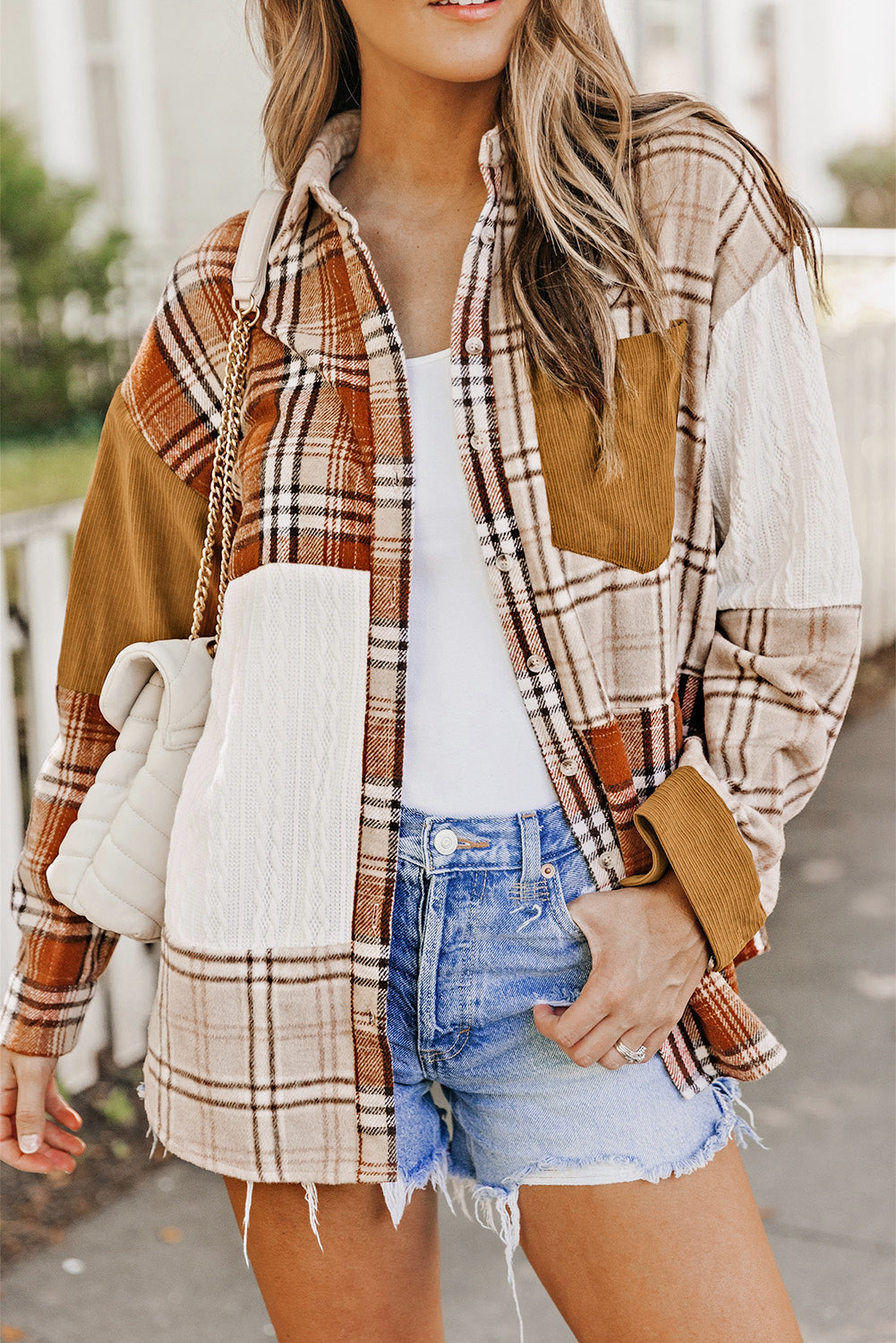Orange Plaid Color Block Patchwork Shirt