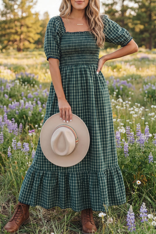 Green Plaid Square Neck Dress