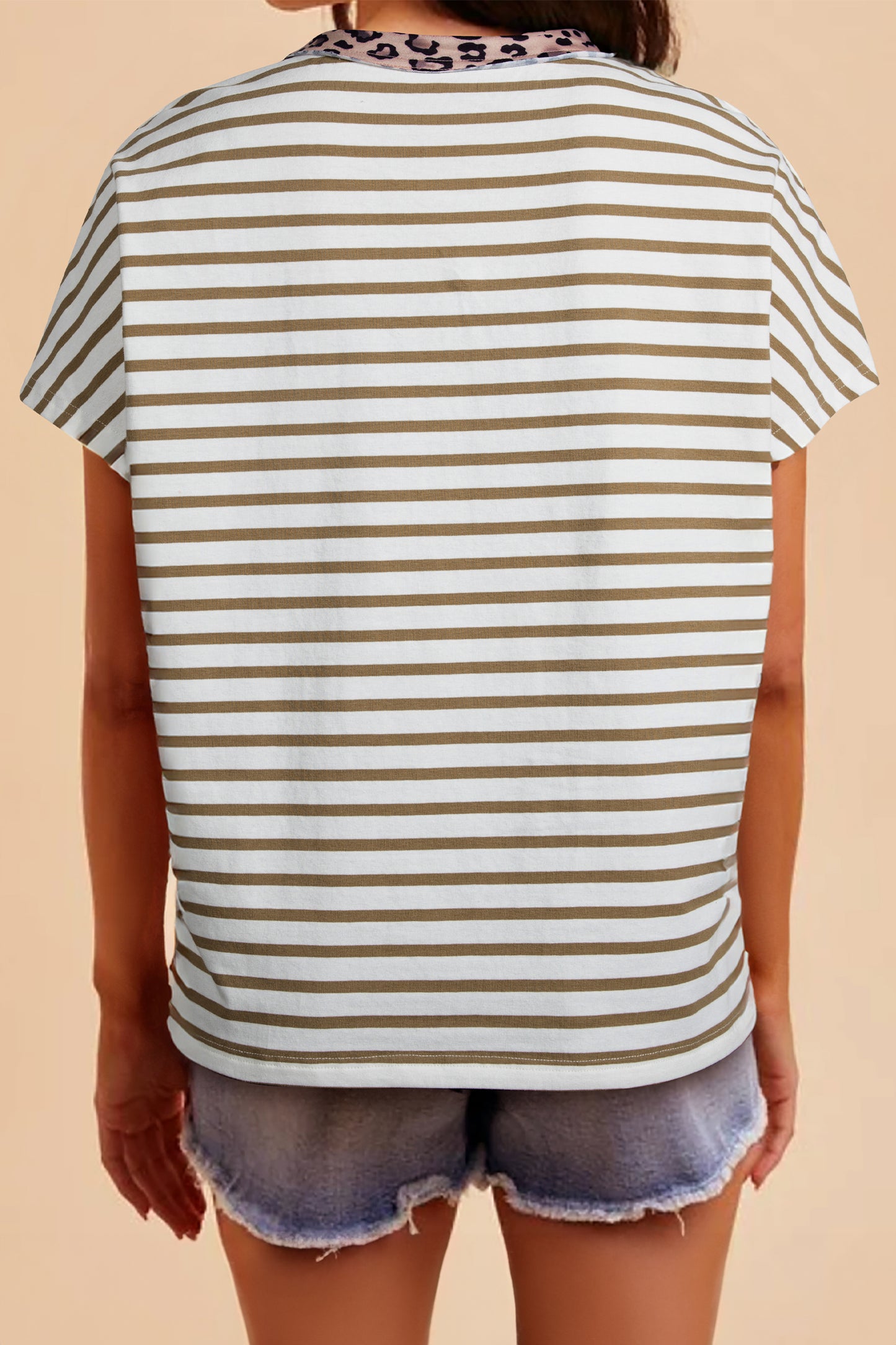 Stripe Leopard Patchwork Round Neck Loose T Shirt