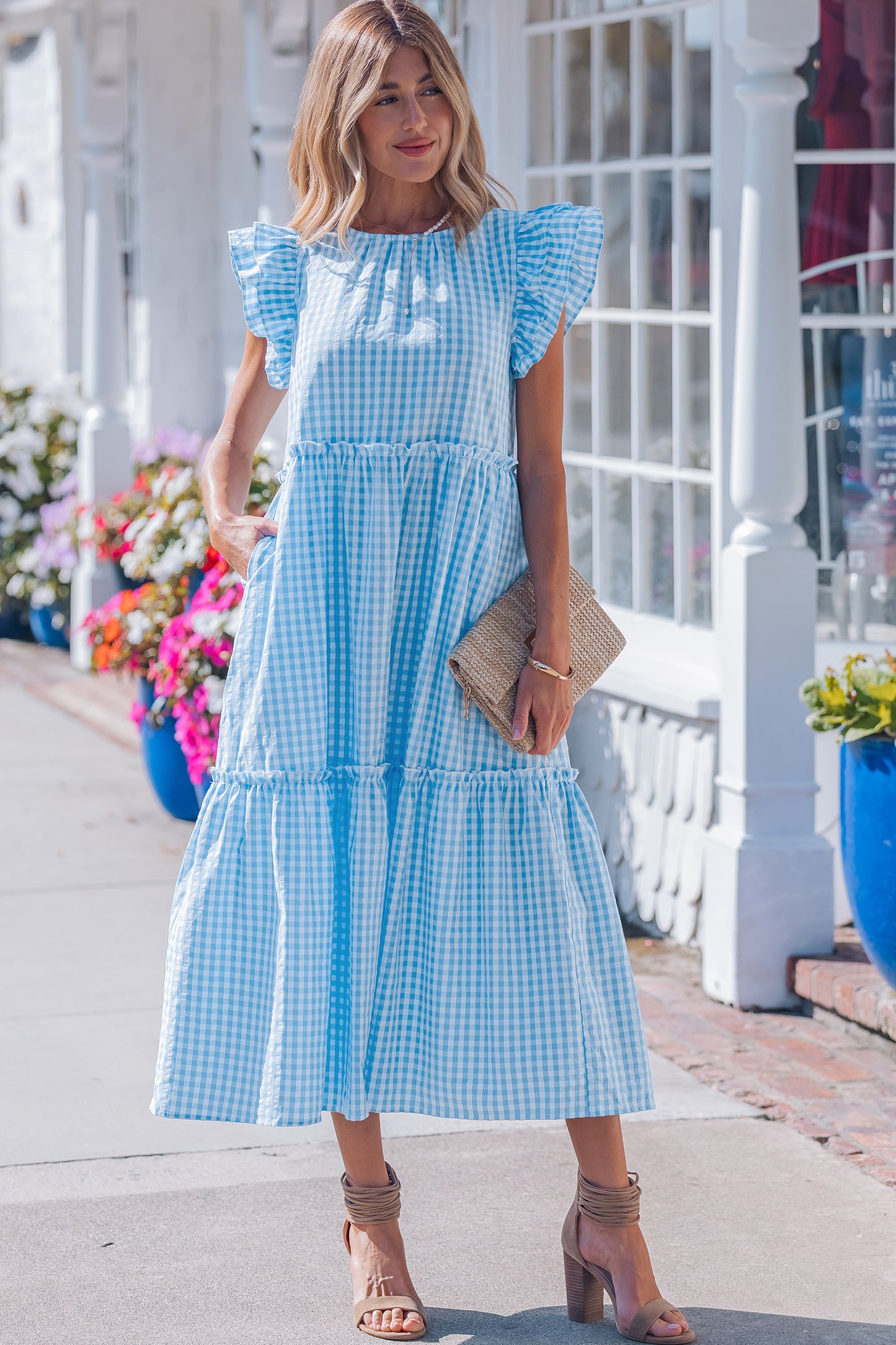Sky Blue Short Sleeve Gingham Maxi Dress