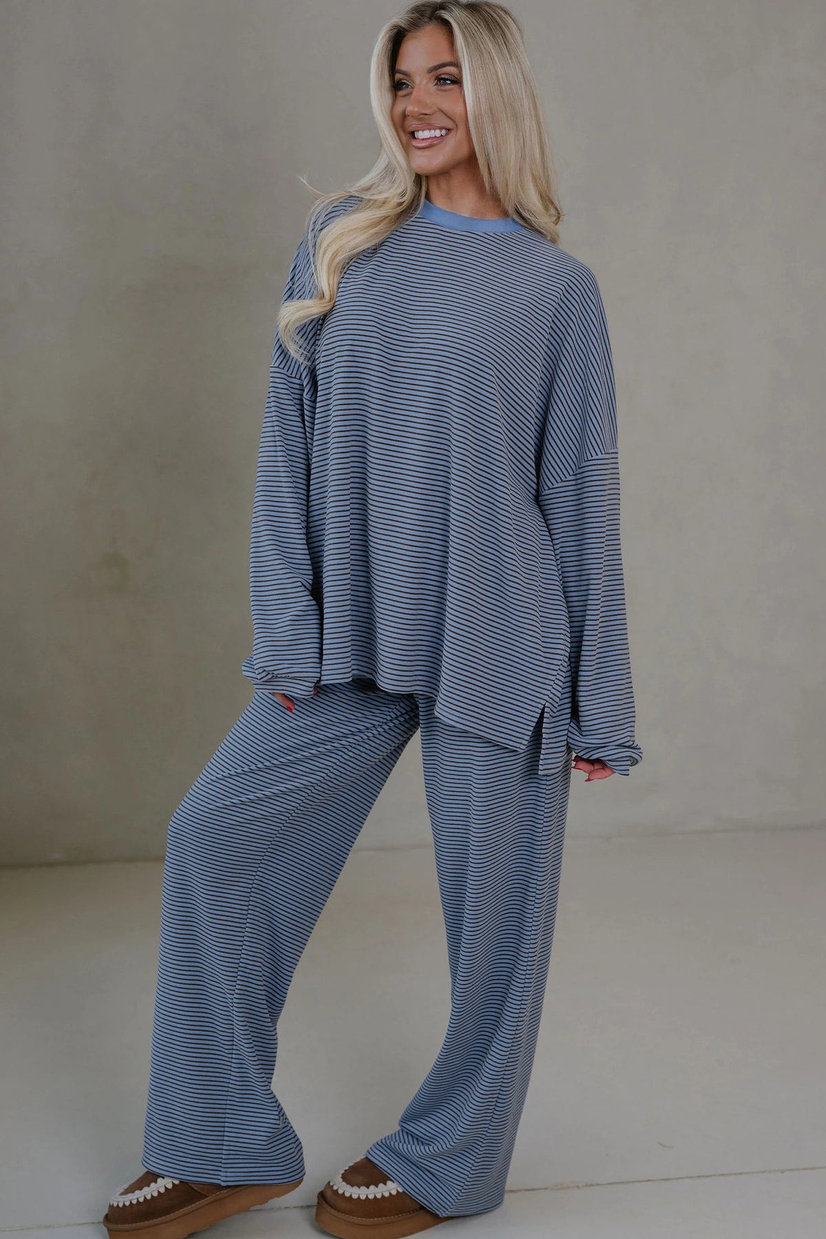 Contrast Oversize Long Sleeve Top 2pcs Pant Set