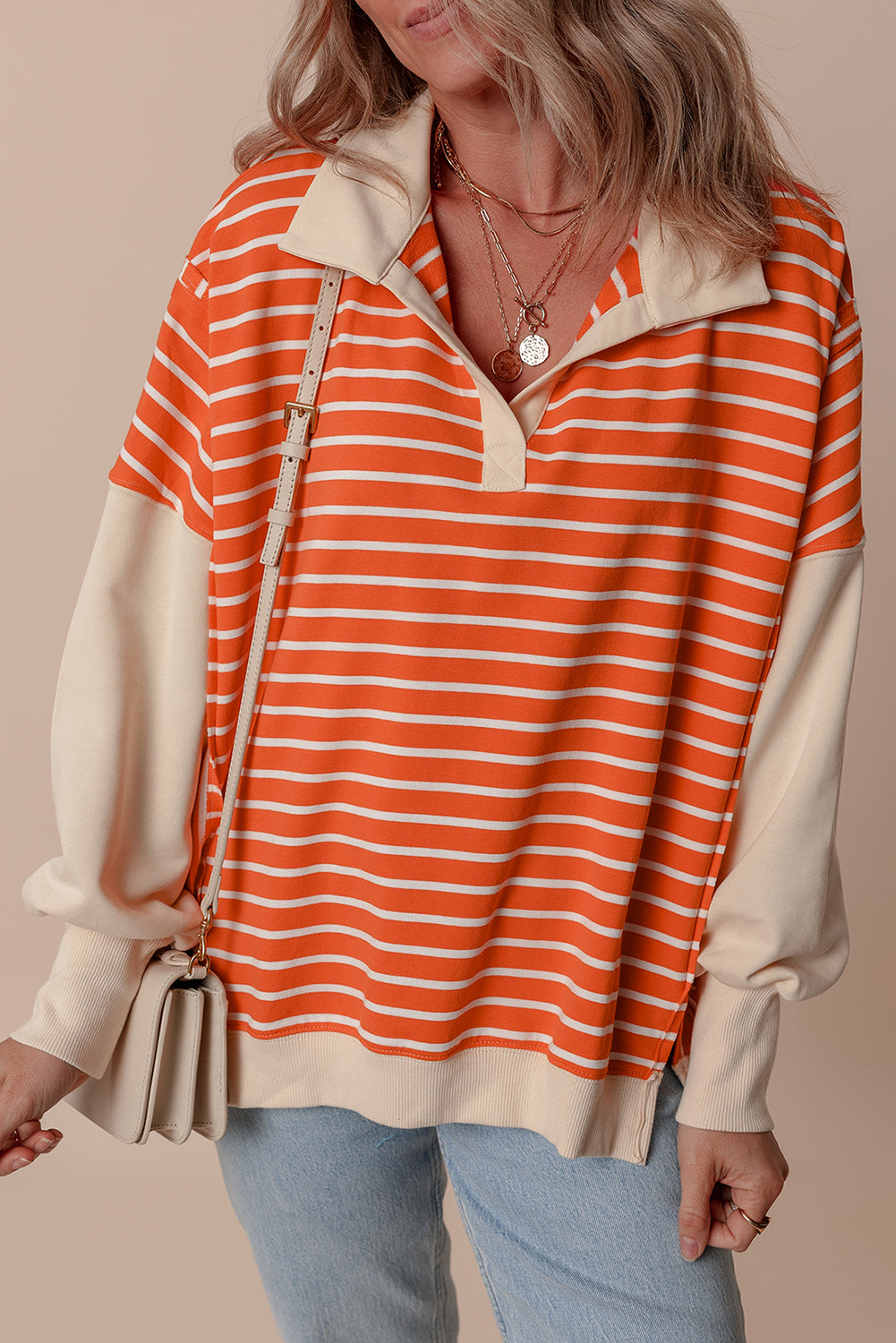 Orange Stripe Color Block Loose Fit Sweatshirt