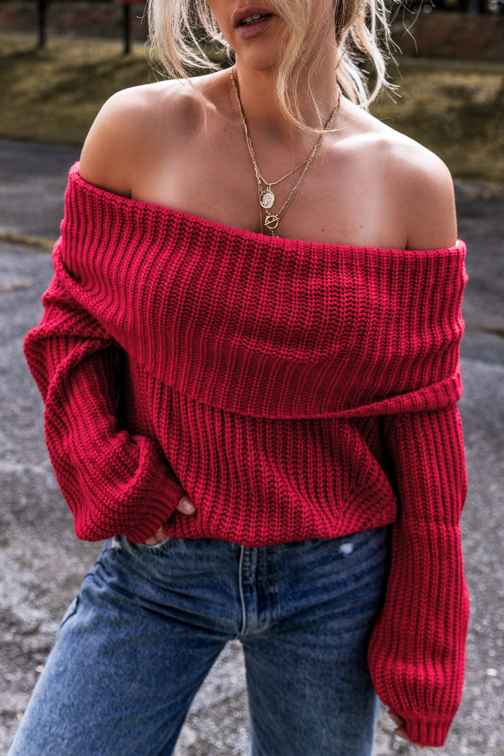 Red Off-the-shoulder Sweater