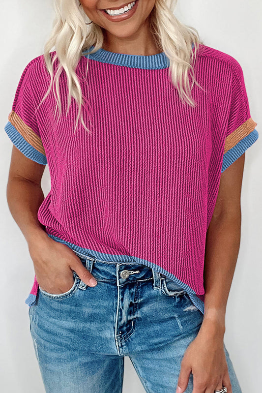 Pink Textured Contrast Trim Round Neck T Shirt