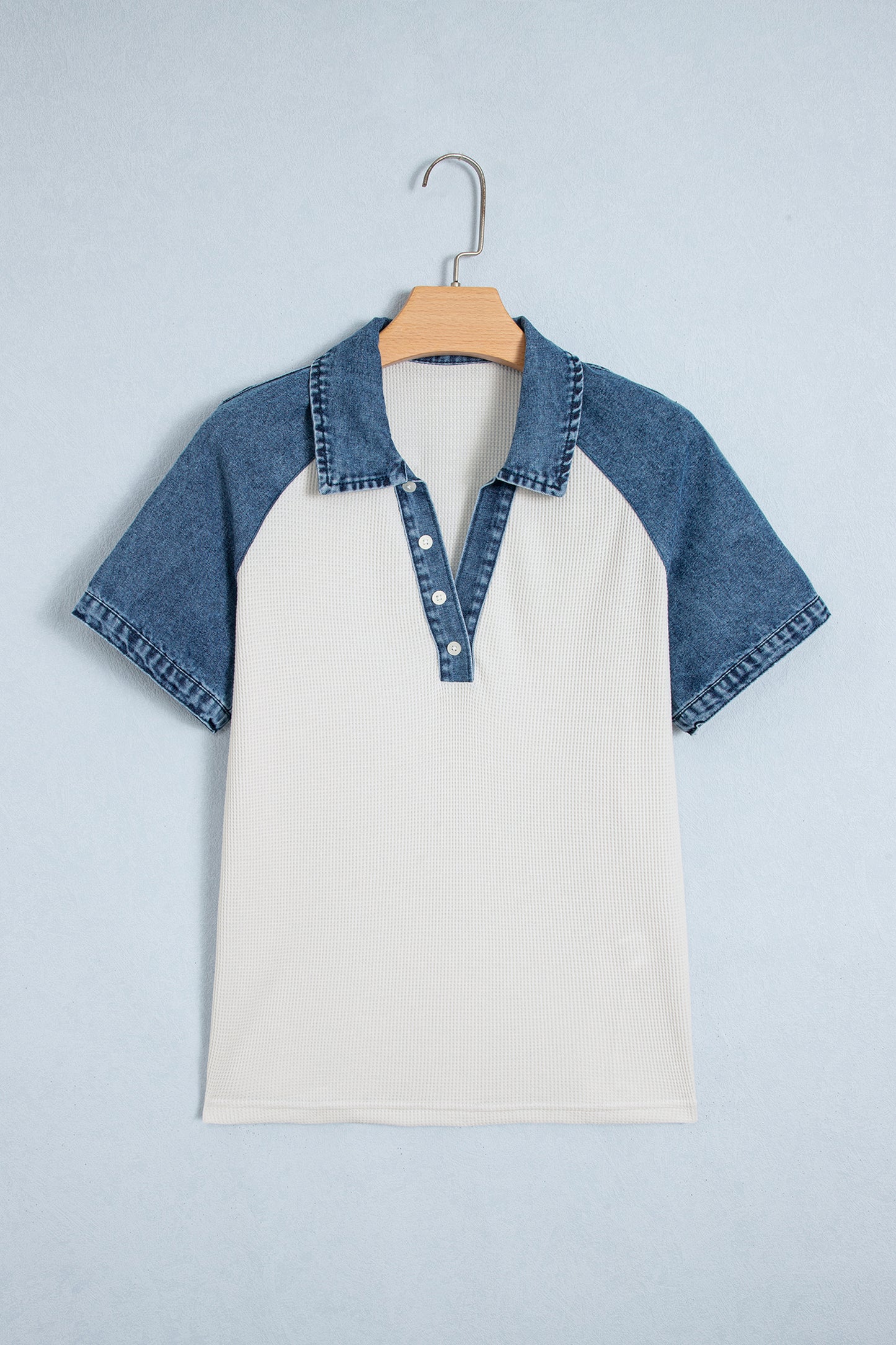 White Textured Color Block Denim Patchwork Polo Collar Tee