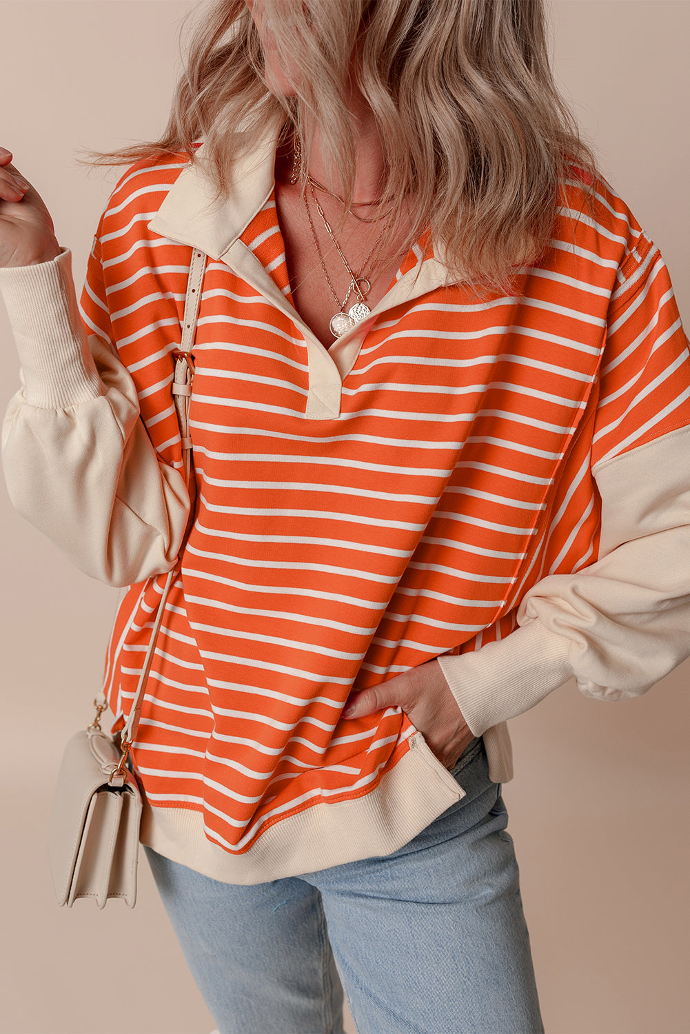 Orange Stripe Color Block Loose Fit Sweatshirt
