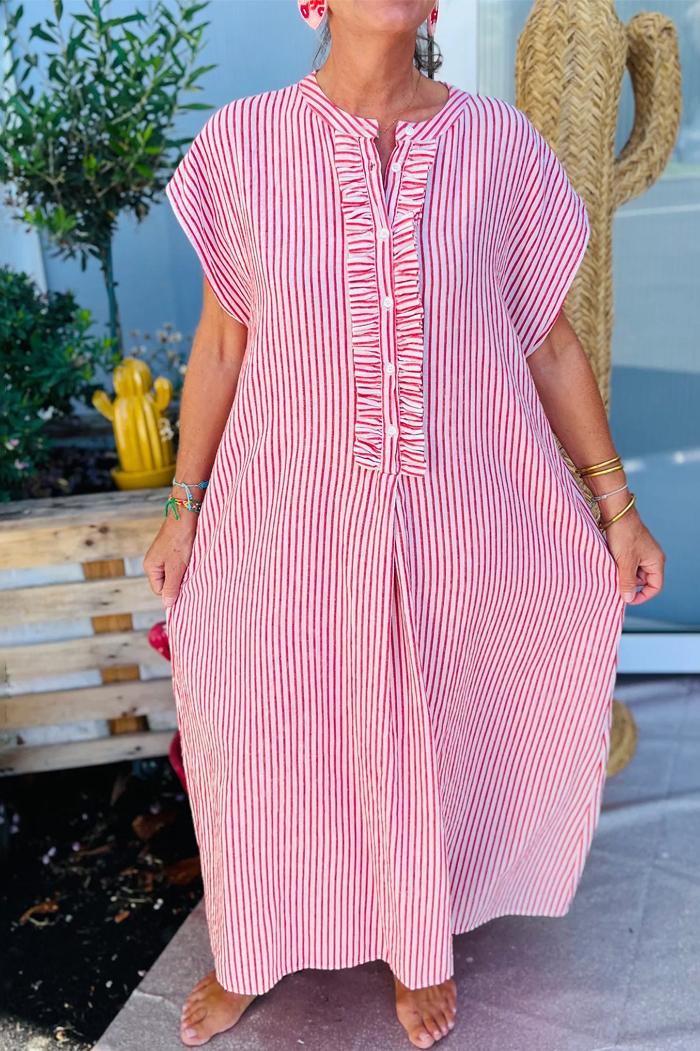 Stripe Frilled Short Sleeve Maxi Dress